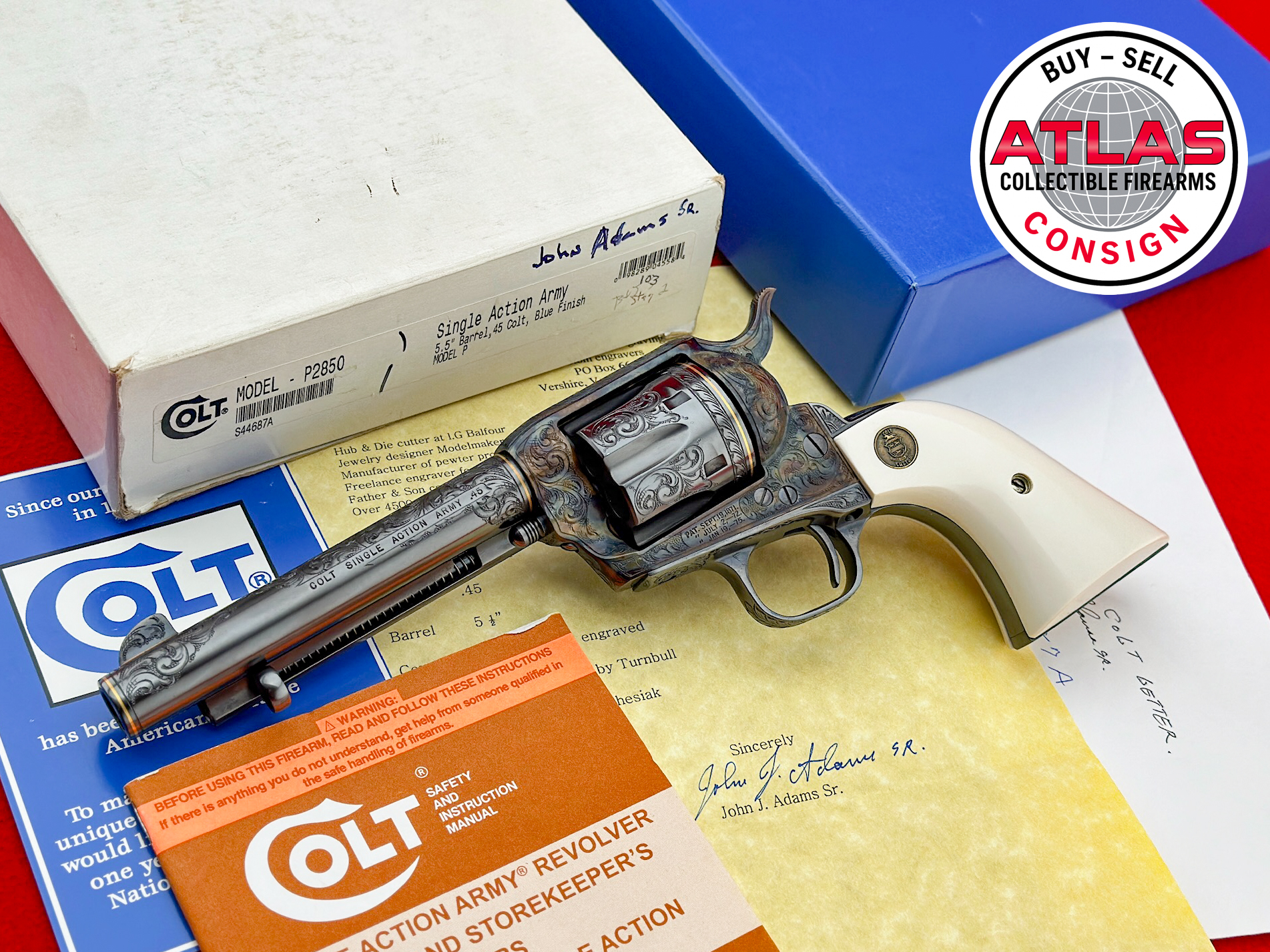 Colt-ENGRAVED John Adams SR. 2006 Colt SAA 5.5" Blued .45 Colt w/ Box-5.5" John Adams Sr. Master Engraved, Blued and Case Hardened