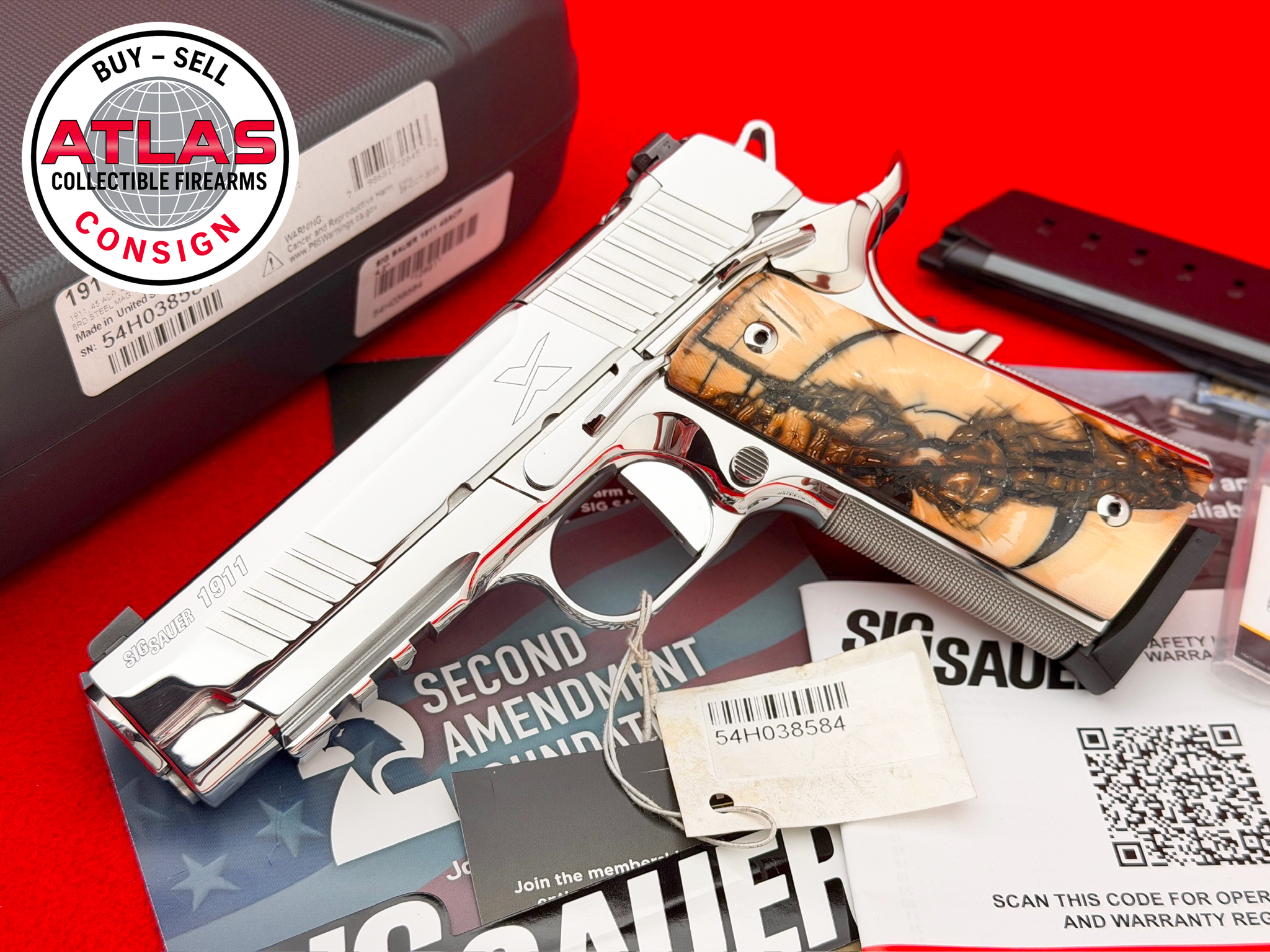SIG SAUER-SIG SAUER 1911 X-FIVE .45 ACP *ULTIMATE MIRROR POLISHED & MAMMOTH IVORY*
100% PERFECT & COMPLETE - NIGHT SIGHTS - CROSS-CUT-Ultimate Mirror Polished, Mammoth Ivory, Night Sights, Cross-Cut