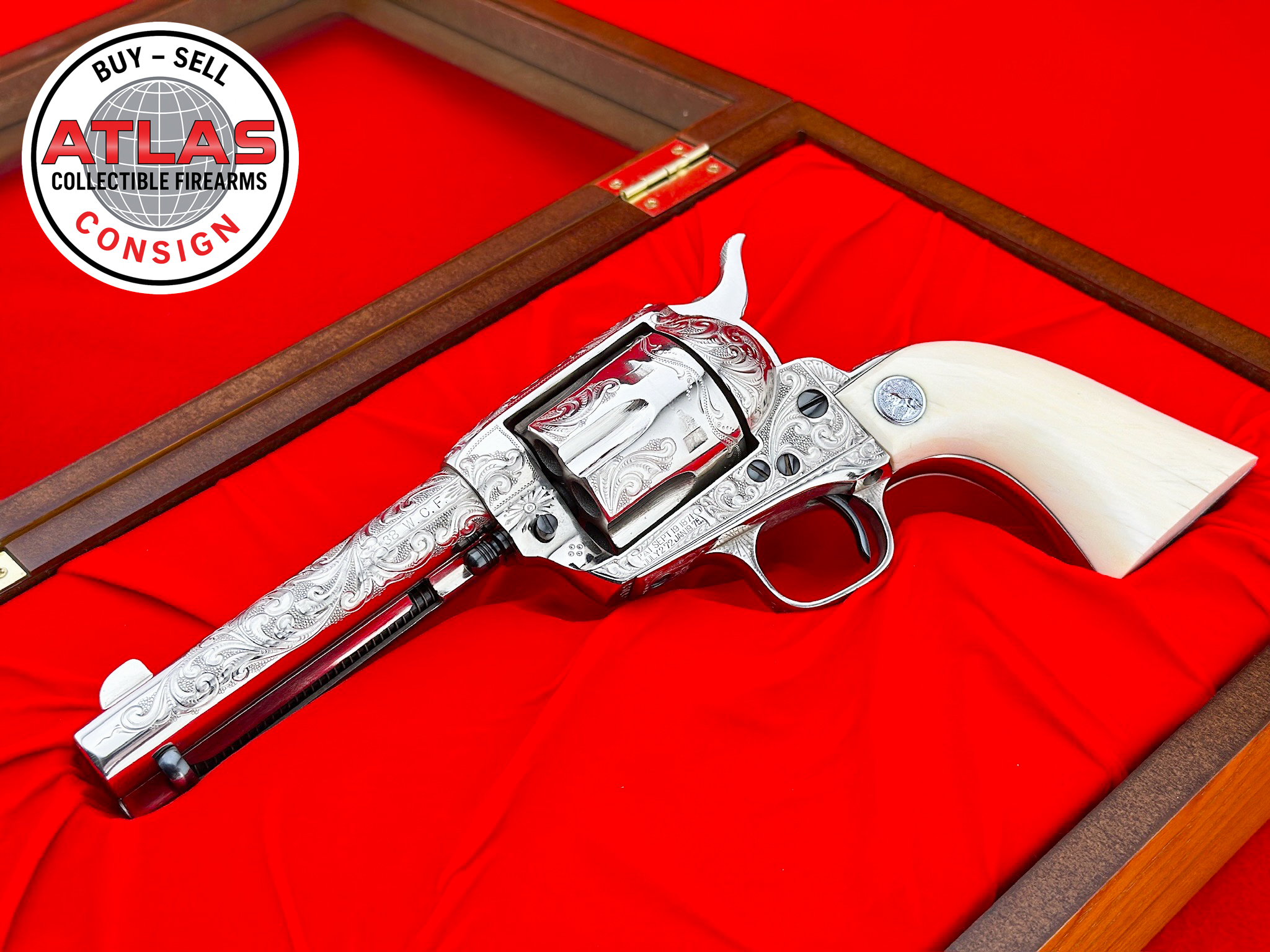 Colt-WELDON "BIG BILL" LISTER MASTER ENGRAVED 1920 COLT SAA .38 WCF w/ IVORY
1ST GENERATION - 38-40 WINCHESTER - 4.75" - NICKEL-1st Generation 4.75" Nickel Master Engraved Ivory