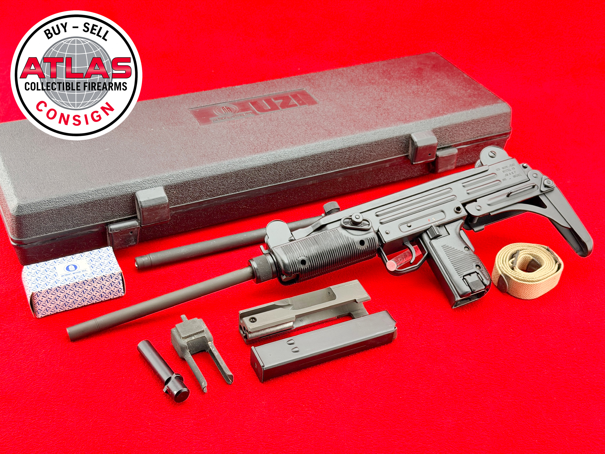 IMI Uzi-1988 IMI Uzi Model 45 Carbine .45 ACP Black 16.15" w/ 9mm Kit
Pre Ban Complete Factory 9mm Luger Conversion Kit-16.15-inch Pre-Ban Carbine with Complete Factory 9mm Conversion Kit