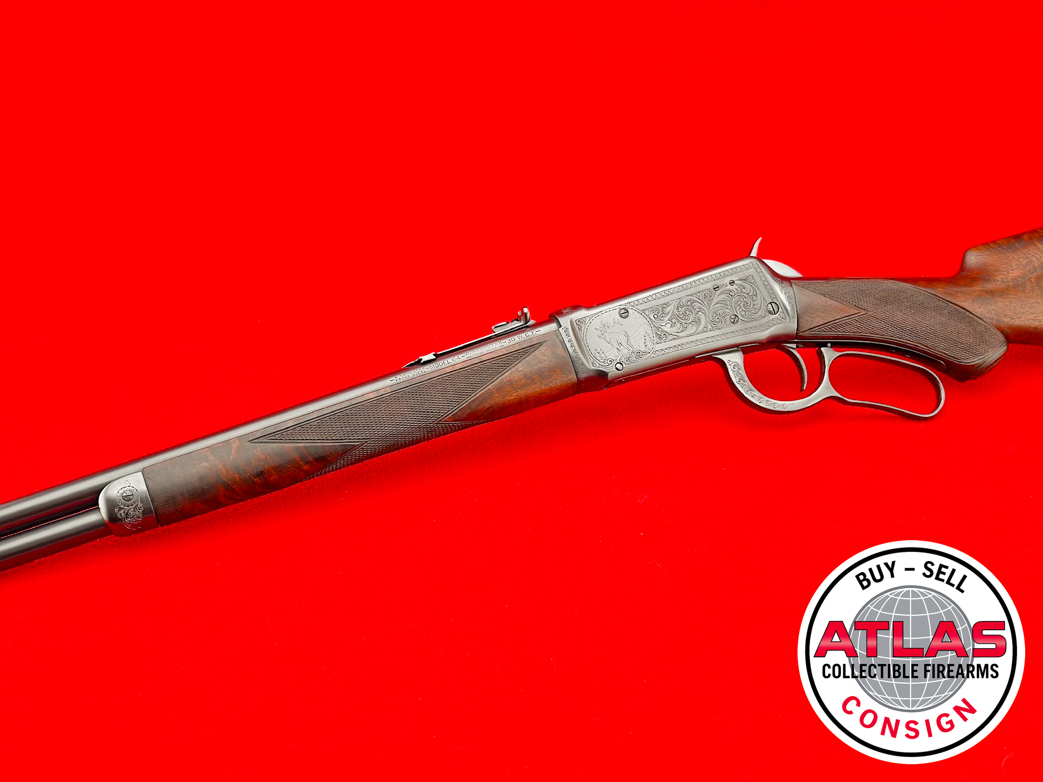 Winchester-PRE WAR 1938 Winchester 64 Deluxe "XXX" 30 WCF *NICK KUSMIT MASTER ENGRAVED
SPECIAL ORDER SHOTGUN BUTT HALF MAG - XXX WALNUT-1938 Deluxe "XXX" 20" Half Magazine, Shotgun Butt, Nick Kusmit Master Engraved