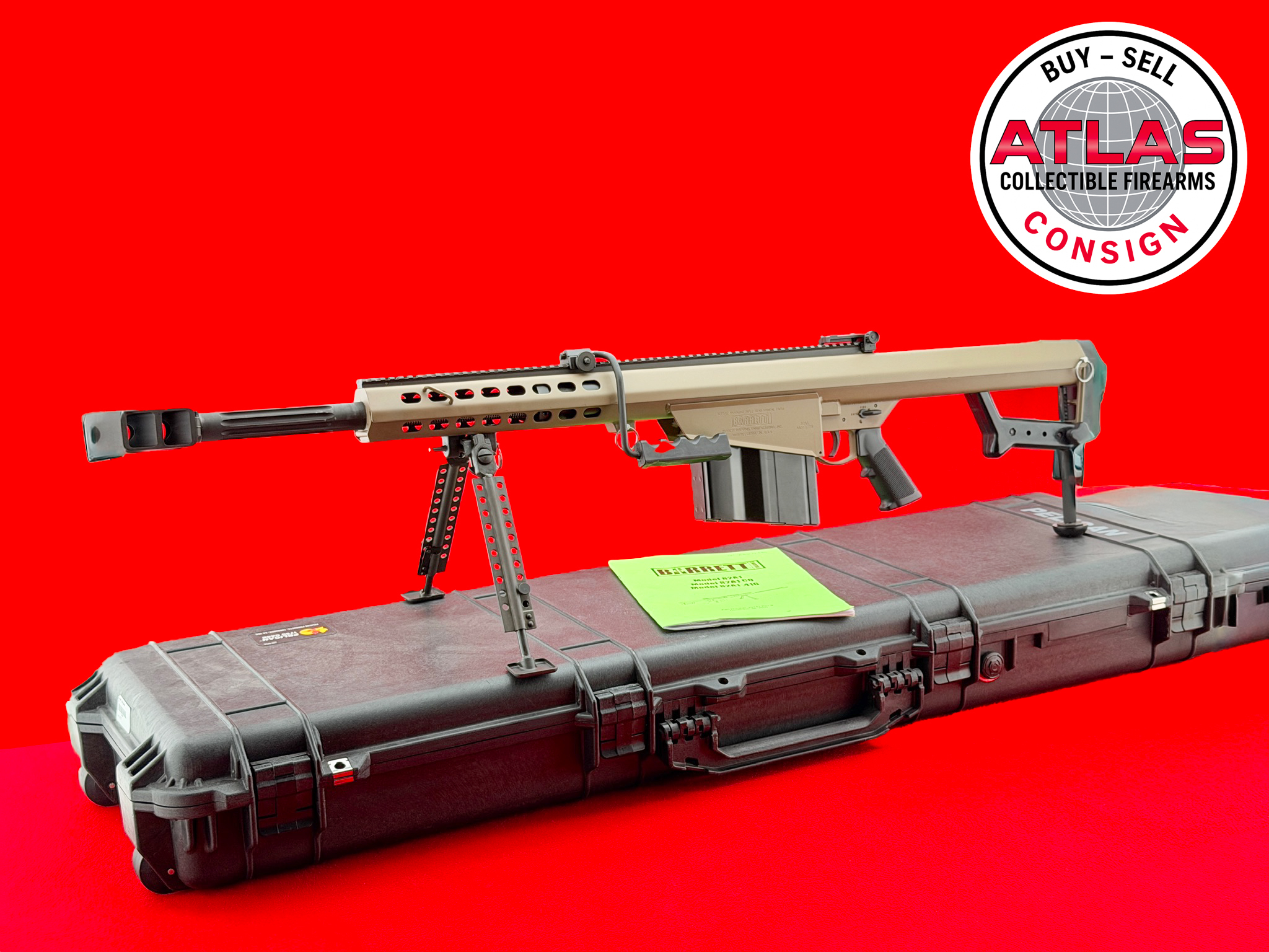 Barrett-VERY FINE Barrett 82A1 .50 BMG 20" FDE Semi-Auto Sniper Rifle Pelican Case-20" FDE Semi-Auto Sniper Rifle w/ Pelican Case