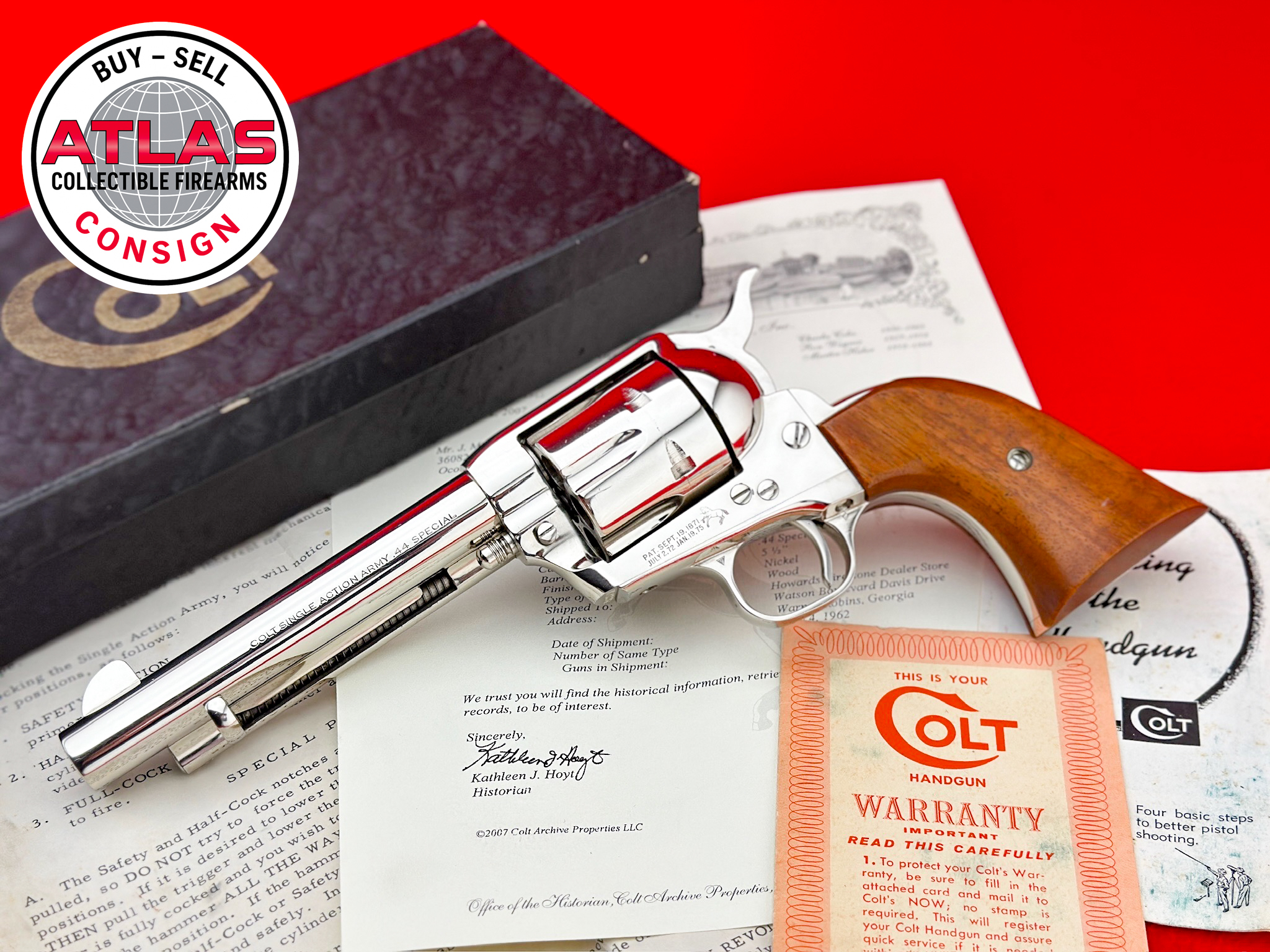 Colt-HOLY GRAIL 1962 COLT 2ND GEN SAA 5.5" NICKEL .44 SPECIAL 1 OF 124 MADE
ARCHIVE LETTER - RARE FACTORY WOOD GRIPS-1962 2nd Generation 5.5" Nickel .44 Special, 1 of 124 Made with Rare Factory Wood Grips