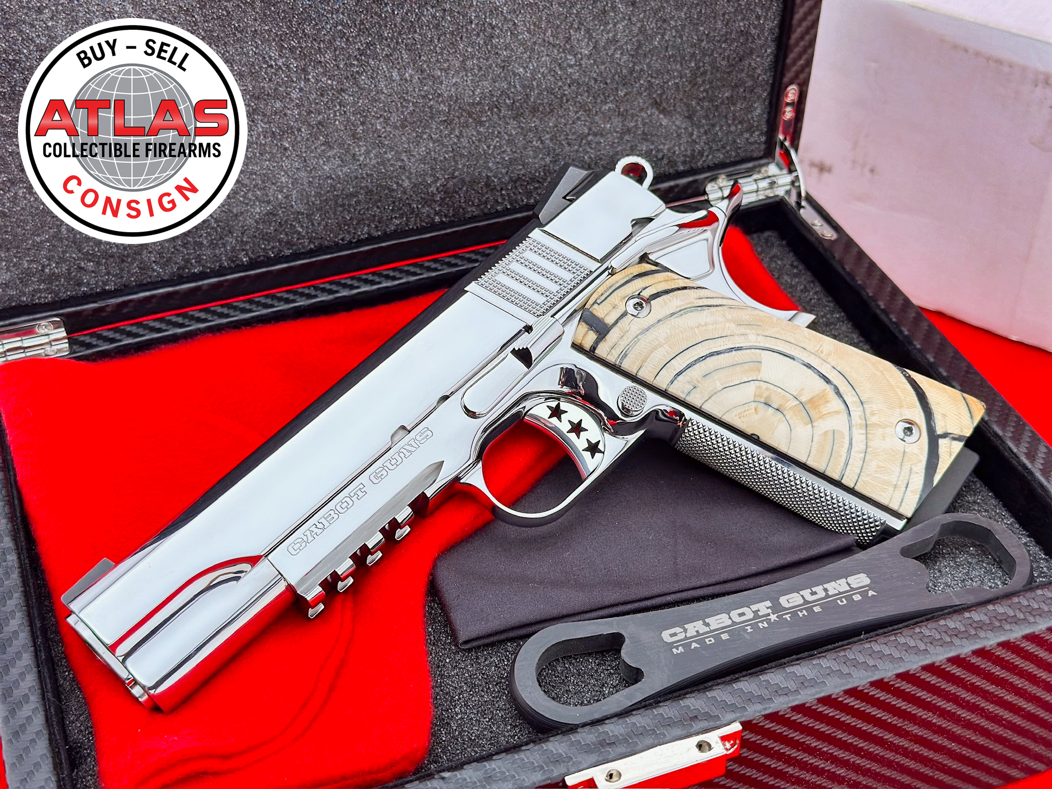 Cabot Guns-CABOT CUSTOM 1911 RAIL GUN 45ACP MIRROR POLISHED STAINLESS w/ MAMMOTH IVORY
100% COMPLETE & PERFECT - GENUINE CROSSCUT IVORY-S100 Custom Rail Gun Mirror Polished Stainless w/ Mammoth Ivory
