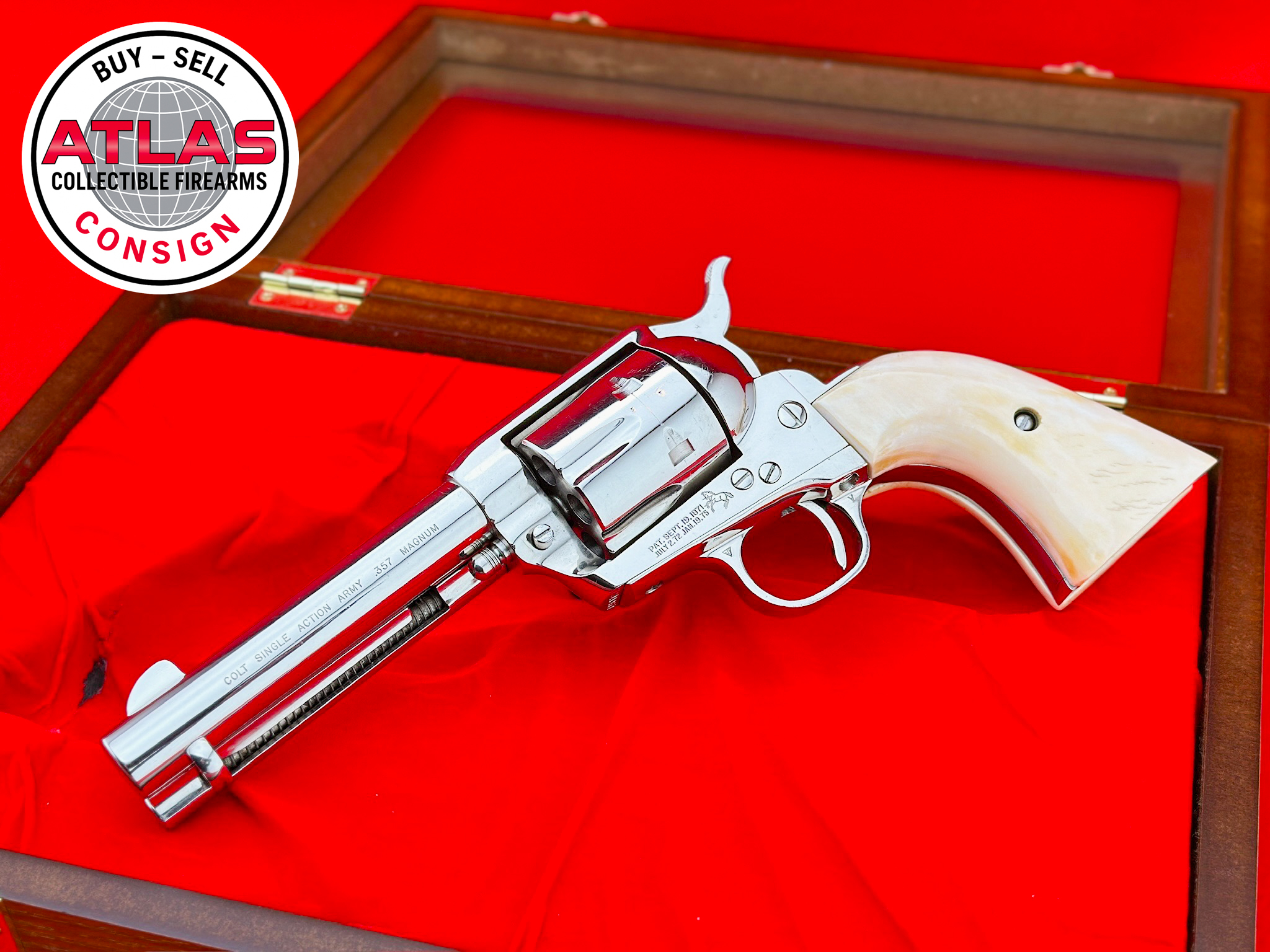 Colt-SCARCE 1969 COLT SAA 2ND GEN 4.75" NICKEL 357 MAGNUM CARVED STEERHEAD IVORY
CUSTOM DELUXE PRESENTATION CASE - VERY FINE COND.-Scarce 1969 2nd Gen 4.75" Nickel .357 Magnum w/ Carved Steerhead Ivory, Deluxe Presentation Case