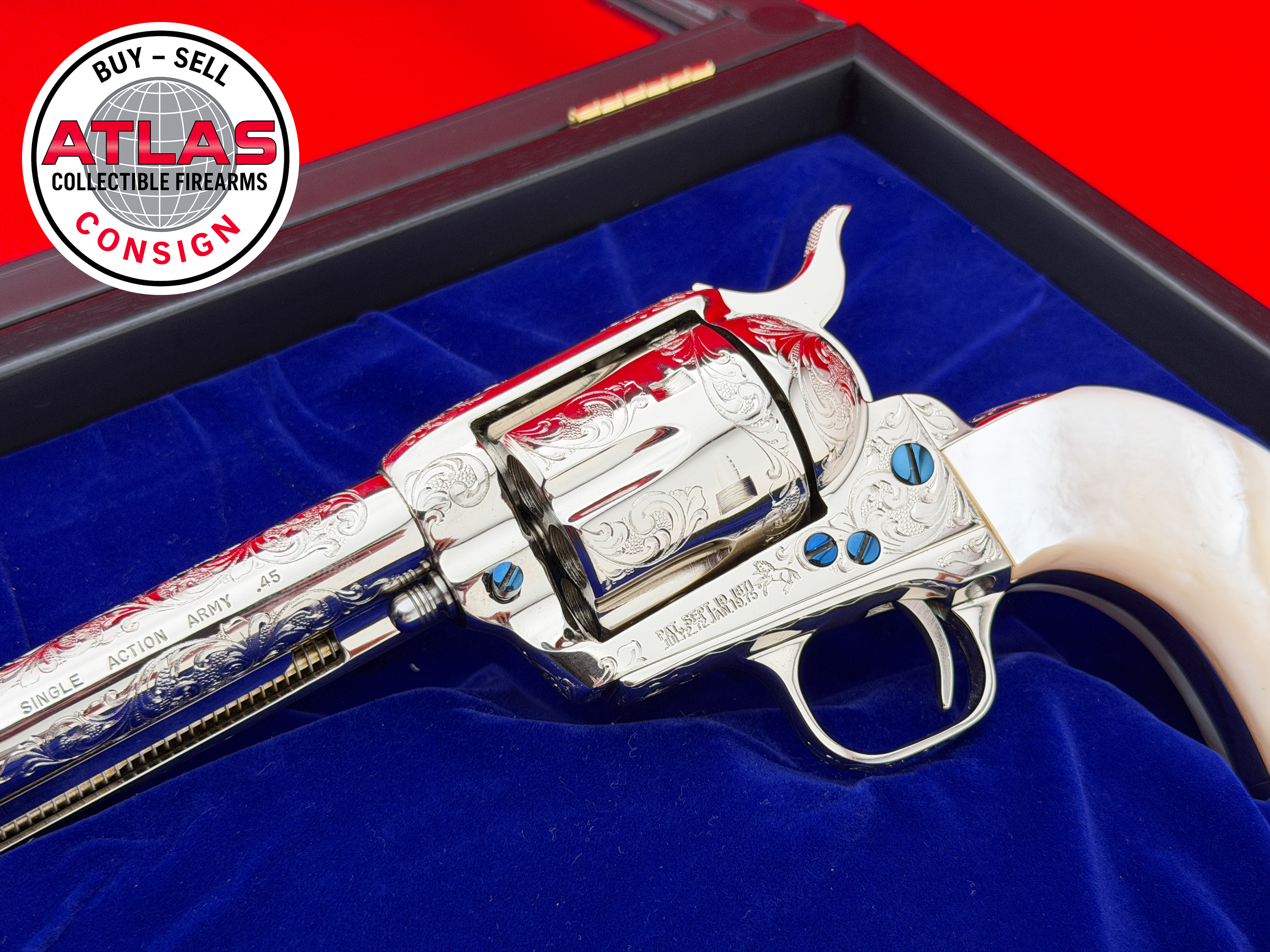 Colt-FACTORY ENGRAVED 1979 Colt SAA 7.5” Nickel & Fire Blue .45 LC w/ REAL PEARL-FACTORY ENGRAVED 1979 Colt SAA 7.5” Nickel & Fire Blue .45 LC w/ REAL PEARL