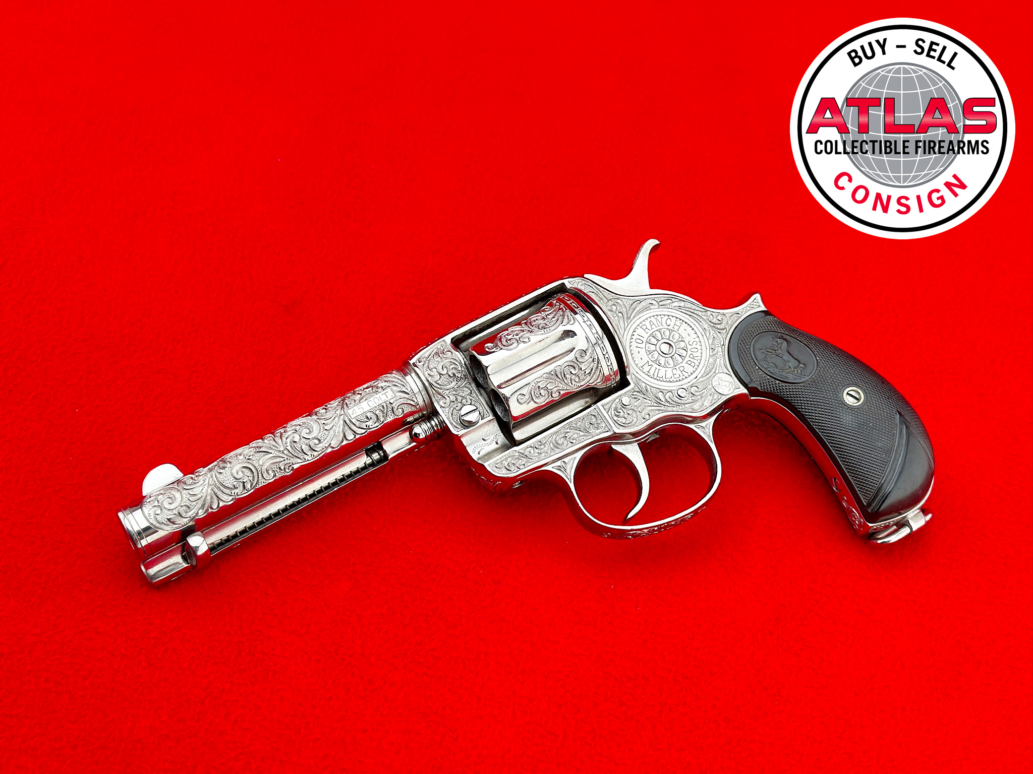 Colt-MASTER ENGRAVED 1898 Colt 1878 Frontier 4.75" Nickel .45 Colt-Frontier Double Action Nickel 4.75-Inch, Master Engraved