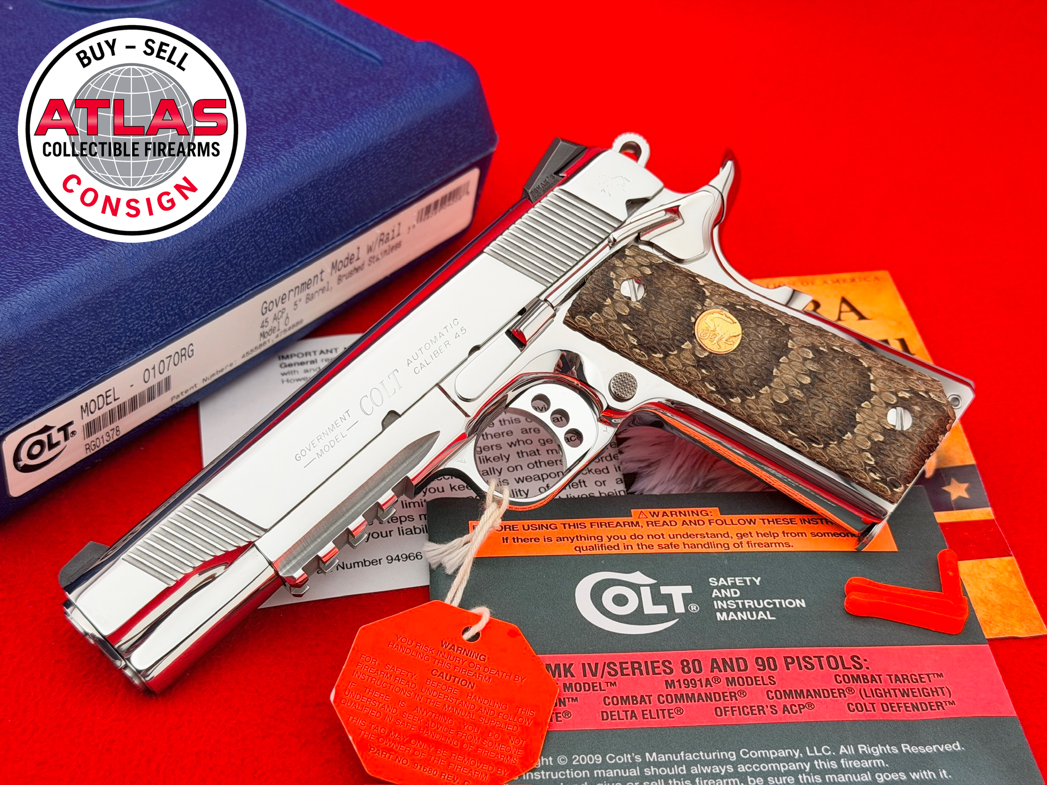Colt-RARE 2009 COLT "RAIL GUN" GOV'T 1911 45 ACP ULTIMATE POLISHED & SNAKE SKIN
SCARCE & EARLY RAIL GUN - REAL RATTTLESNAKE SKIN-Government Model, Ultimate Polished with Rattlesnake Skin Grips