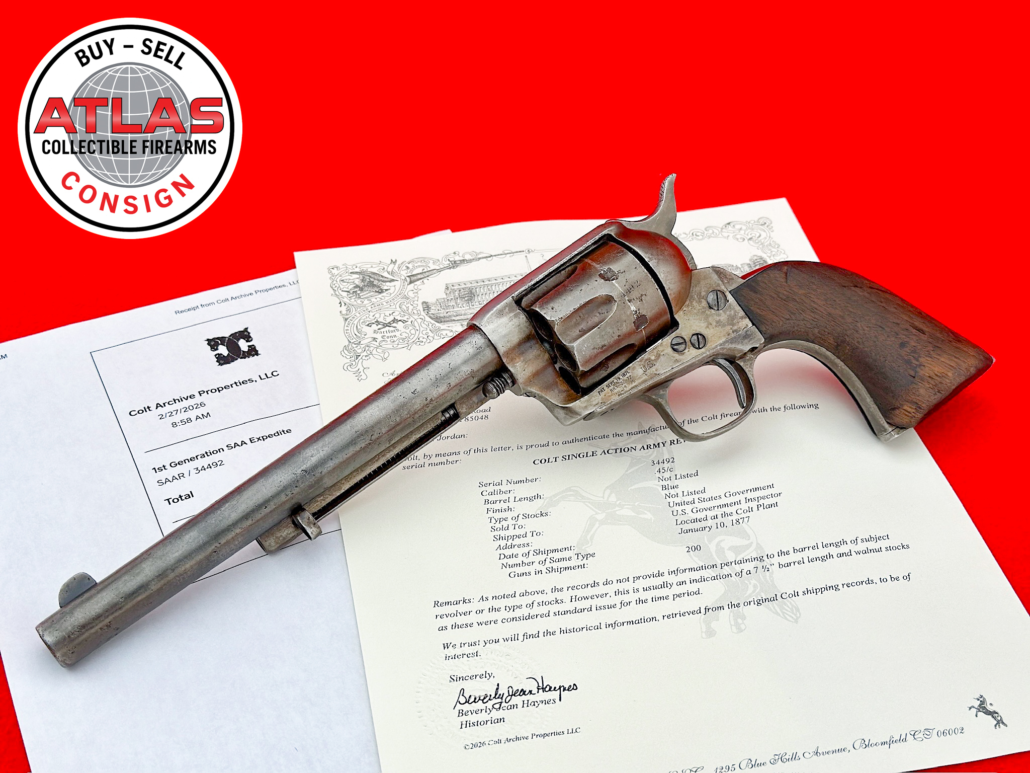 Colt-7TH U.S. CAVALRY 1877 MFG COLT SAA 7.5" .45 LC w/ LETTER *J.T.C. INSPECTED*
U.S. GOVERNMENT SHIPPED - ALL ORIGINAL & #s MATCH-7th U.S. Cavalry 1877 Mfg 7.5" .45 Colt w/ Letter, J.T.C. Inspected, U.S. Government Shipped, All Original & Matching