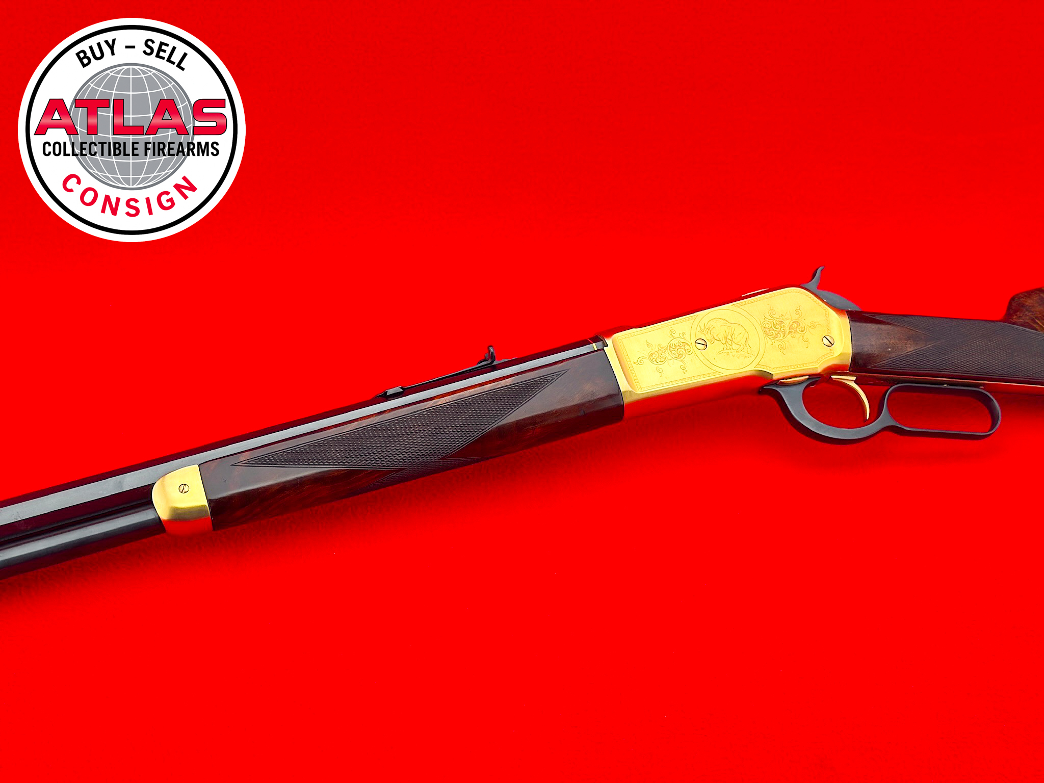 Winchester-1890 Antique Winchester 1886 Deluxe XX Grade .45-90 Express MASTER ENGRAVED
DELUXE HIGH GRADE WALNUT - GOLD PLATED-1890 Antique Lever Action Rifle 26" Octagon, Master Engraved with Gold Plated Accents