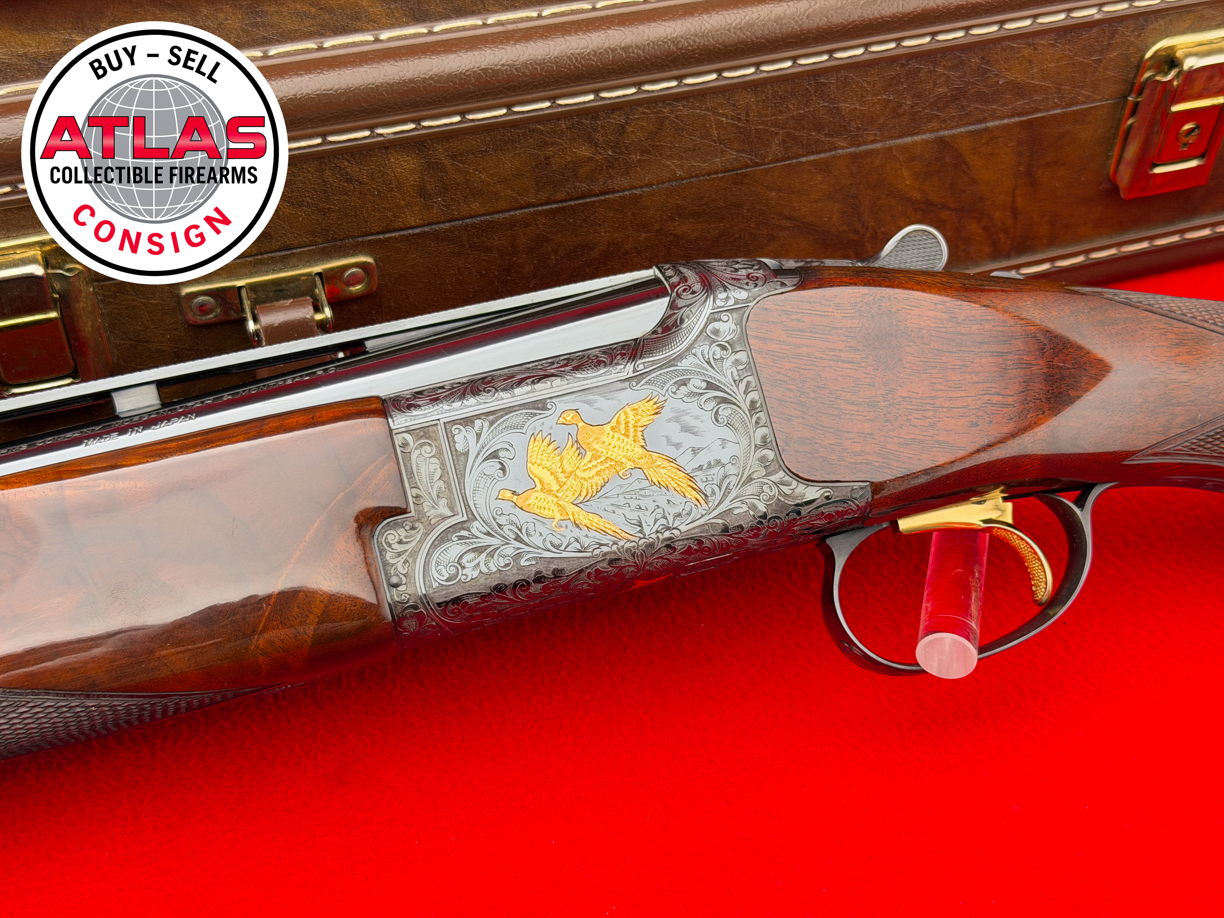 Browning-Hand Engraved 1990 Browning Citori Grade VI 4-Barrel Skeet Set 12/20/28/410
FACTORY ORIGINAL - GOLD INLAY - EXHIBITION WALNUT-Hand Engraved 1990 Browning Citori Grade VI 4-Barrel Skeet Set 12/20/28/410
FACTORY ORIGINAL - GOLD INLAY - EXHIBITION WALNUT