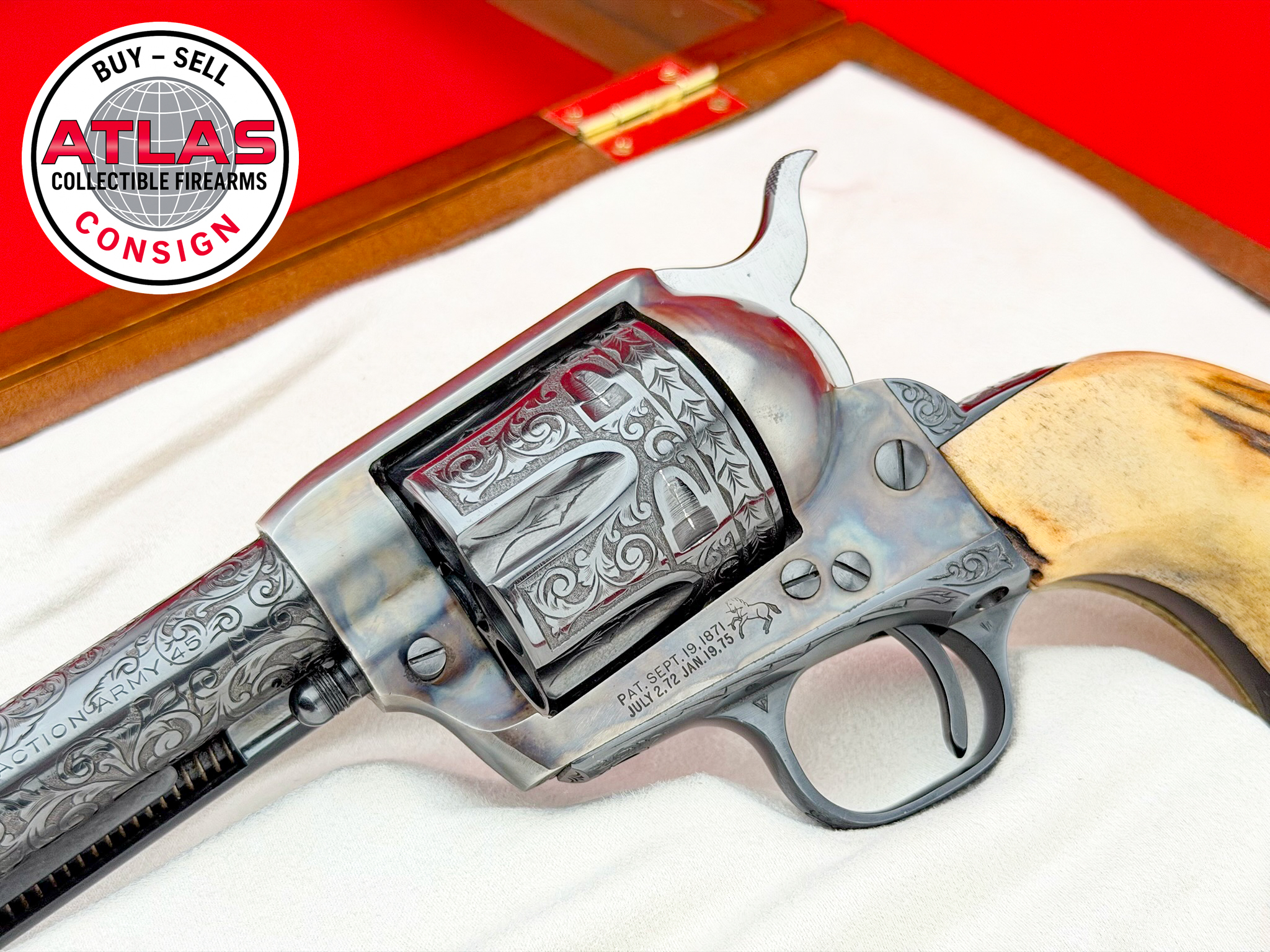 Colt-MASTER ENGRAVED 2nd Gen. 1963 Colt SAA 5.5" Blued .45 LC w/ SAMBAR STAGS-2nd Generation 5.5" blued; master engraved; Sambar stag grips
