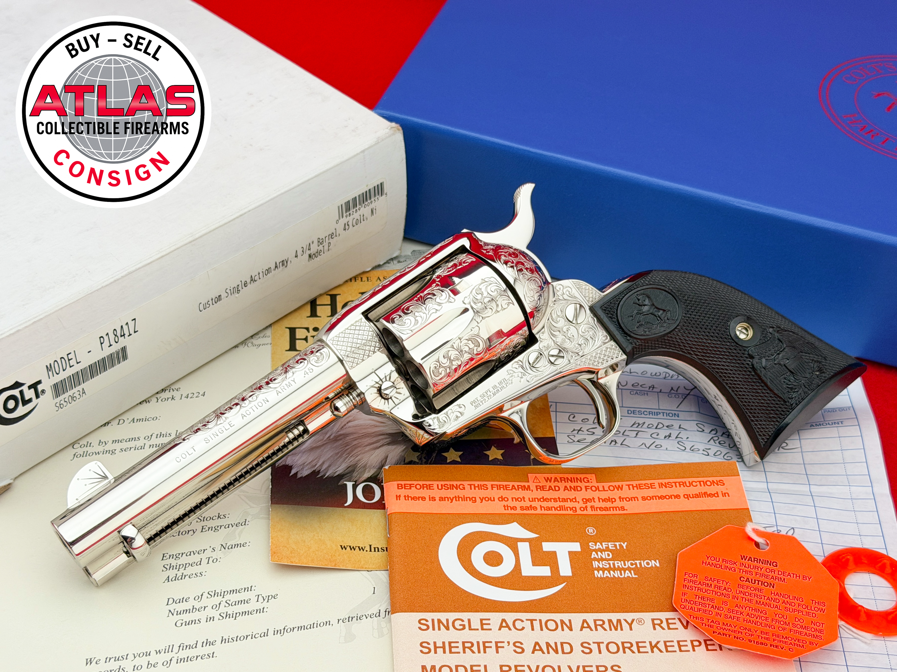 Colt-FACTORY MASTER ENGRAVED 2010 Colt Custom SAA .45 LC 4.75" Nickel 100% NOS
ARCHIVE LETTER - CUSTOM SHOP BOX & PAPERWORK-4.75" Class B Factory Master Engraved Nickel Custom Shop