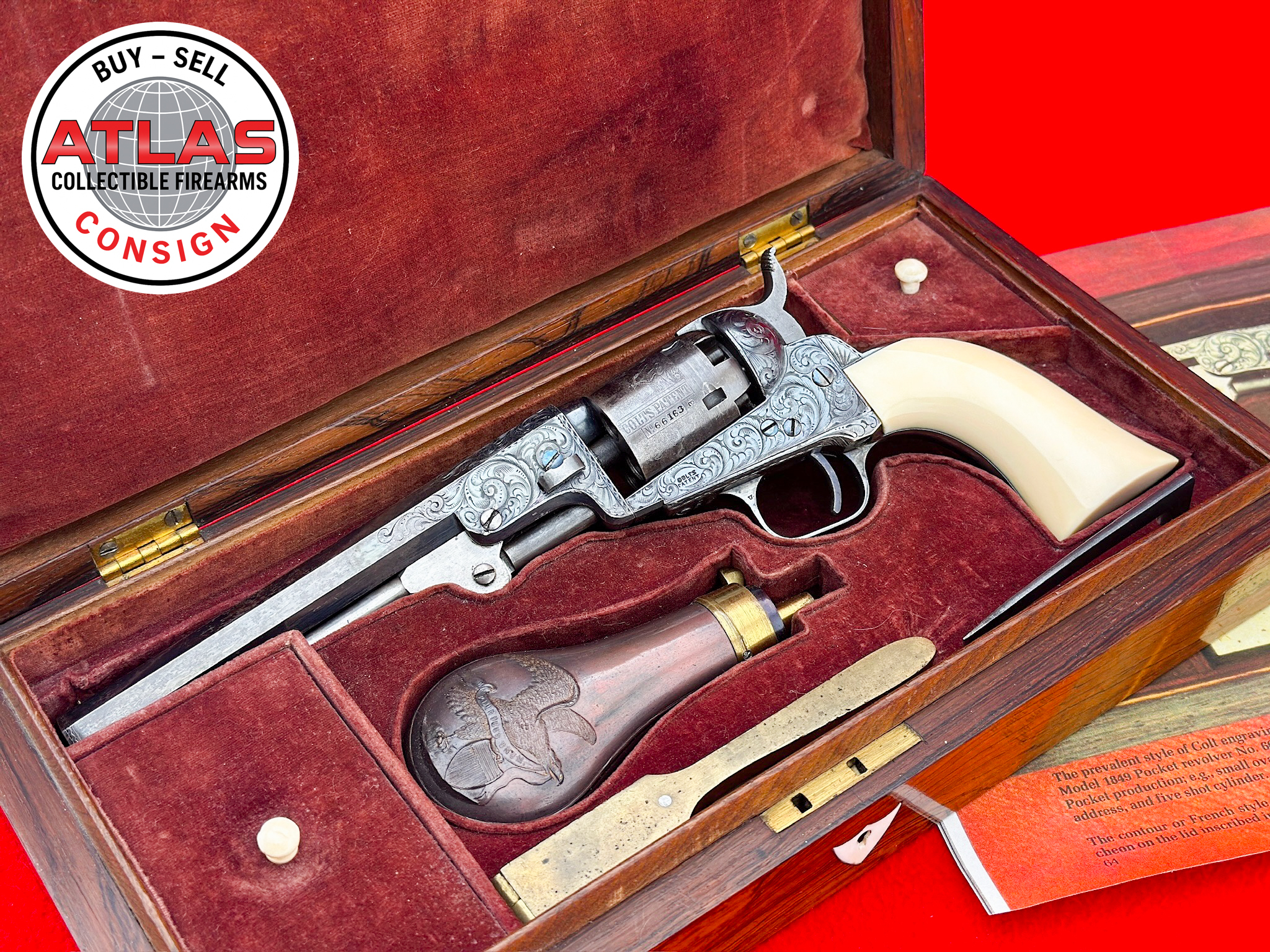 Colt-PUBLISHED 1853 MFG. Colt Model 1849 Pocket *GUSTAVE YOUNG FACTORY ENGRAVED*
FEATURED IN R.L WILSON'S BOOK w/ FACTORY CASE-6" Factory Engraved Gustave Young Cased Percussion Revolver