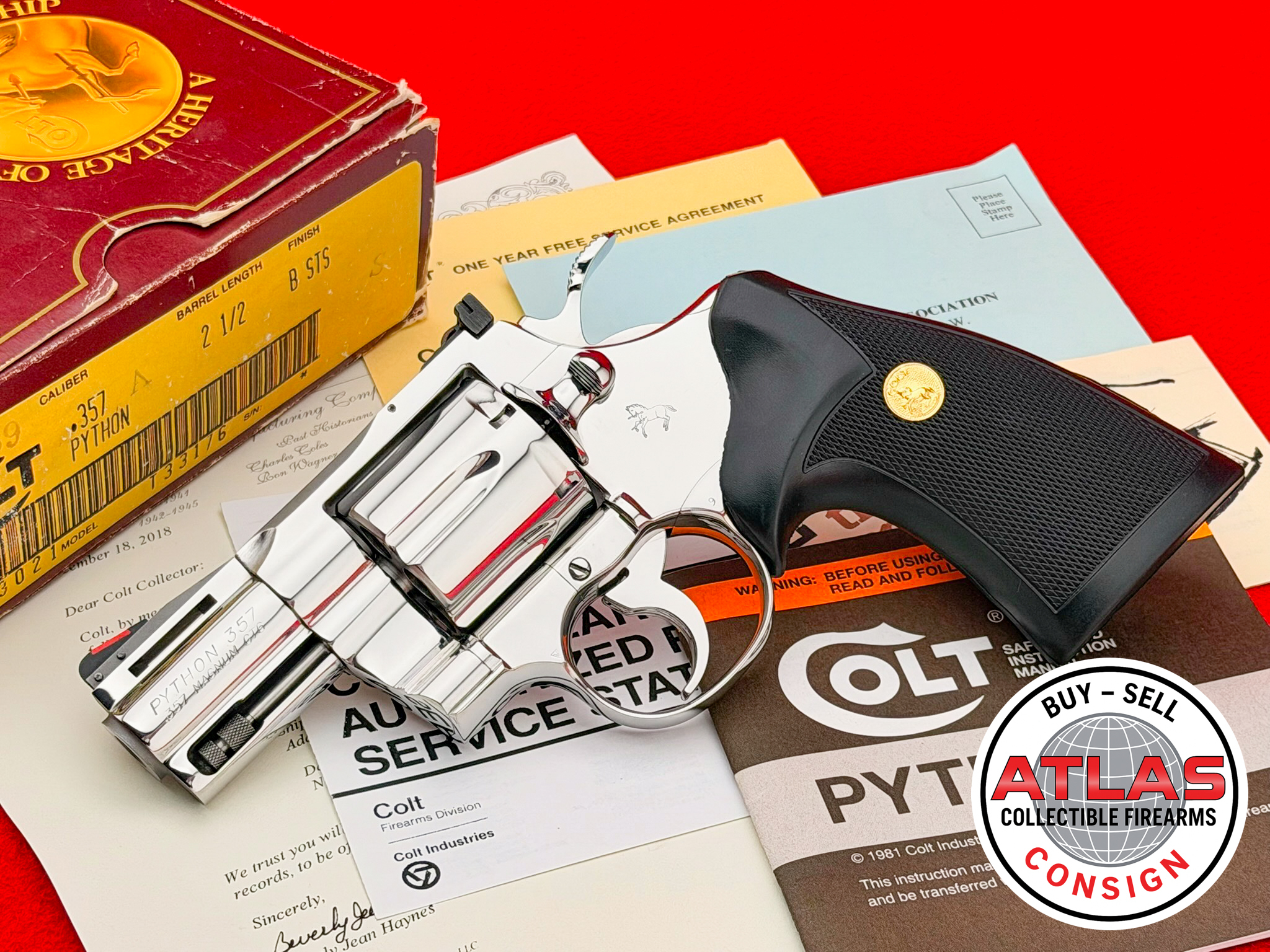 Colt-PRE-PRODUCTION 1984 Colt Python 2.5" Ultimate Bright Stainless .357 Magnum
SUPER RARE & EARLY - ARCHIVE LETTER & BOX-Pre-Production 2.5" Ultimate Bright Stainless Archive Letter & Box
