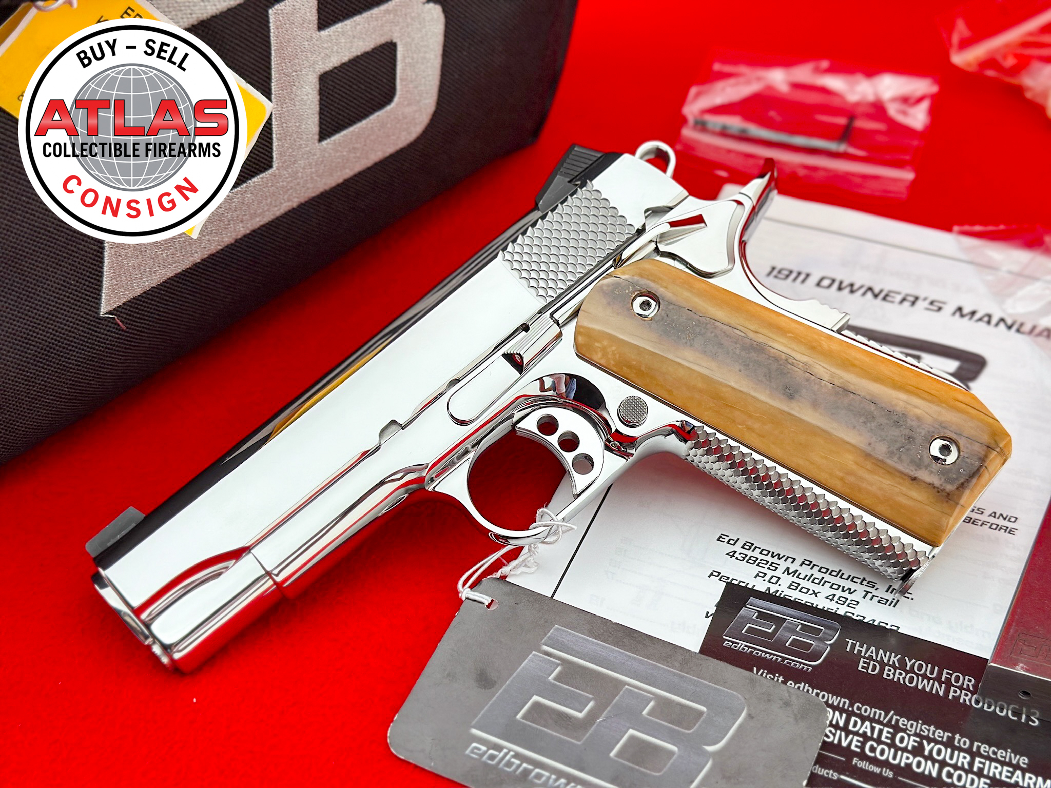 Ed Brown-Ed Brown Kobra Carry 1911 .45 ACP Ultimate Mirror Polished w/ Walrus Ivory
Factory Custom Bobtail Frame - 100% Perfect-Ultimate Mirror Polished Commander-Length Bobtail with Walrus Ivory Grips