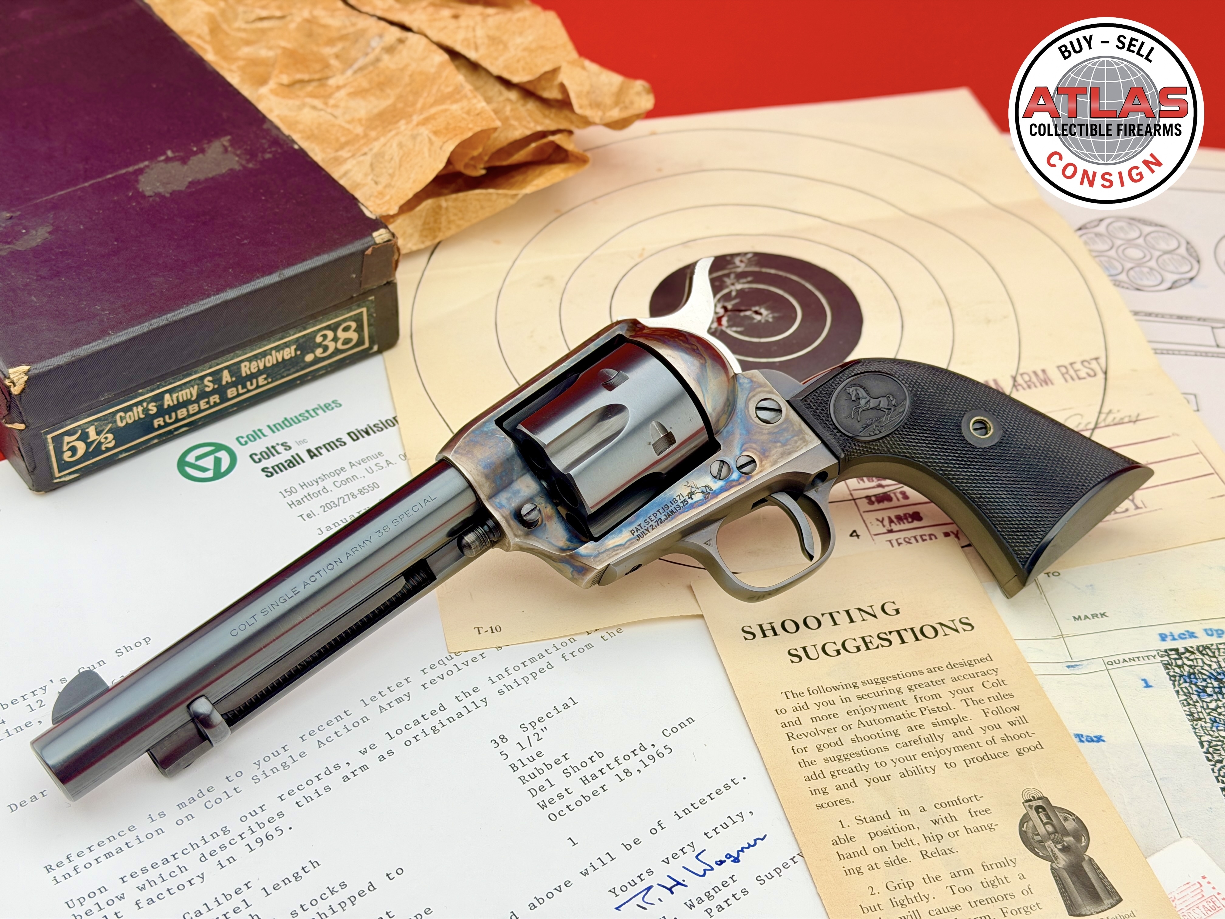 Colt-The FINEST! Pre War-Post War 1940 Colt SAA 5.5" .38 S&W Spl *100% COMPLETE*
COLT EXECUTIVE "DEL SHORB" SHIPPED - 1ST GEN. 99%+-Pre-War/Post-War 5.5" 1st Generation, Del Shorb Shipped, 100% Complete