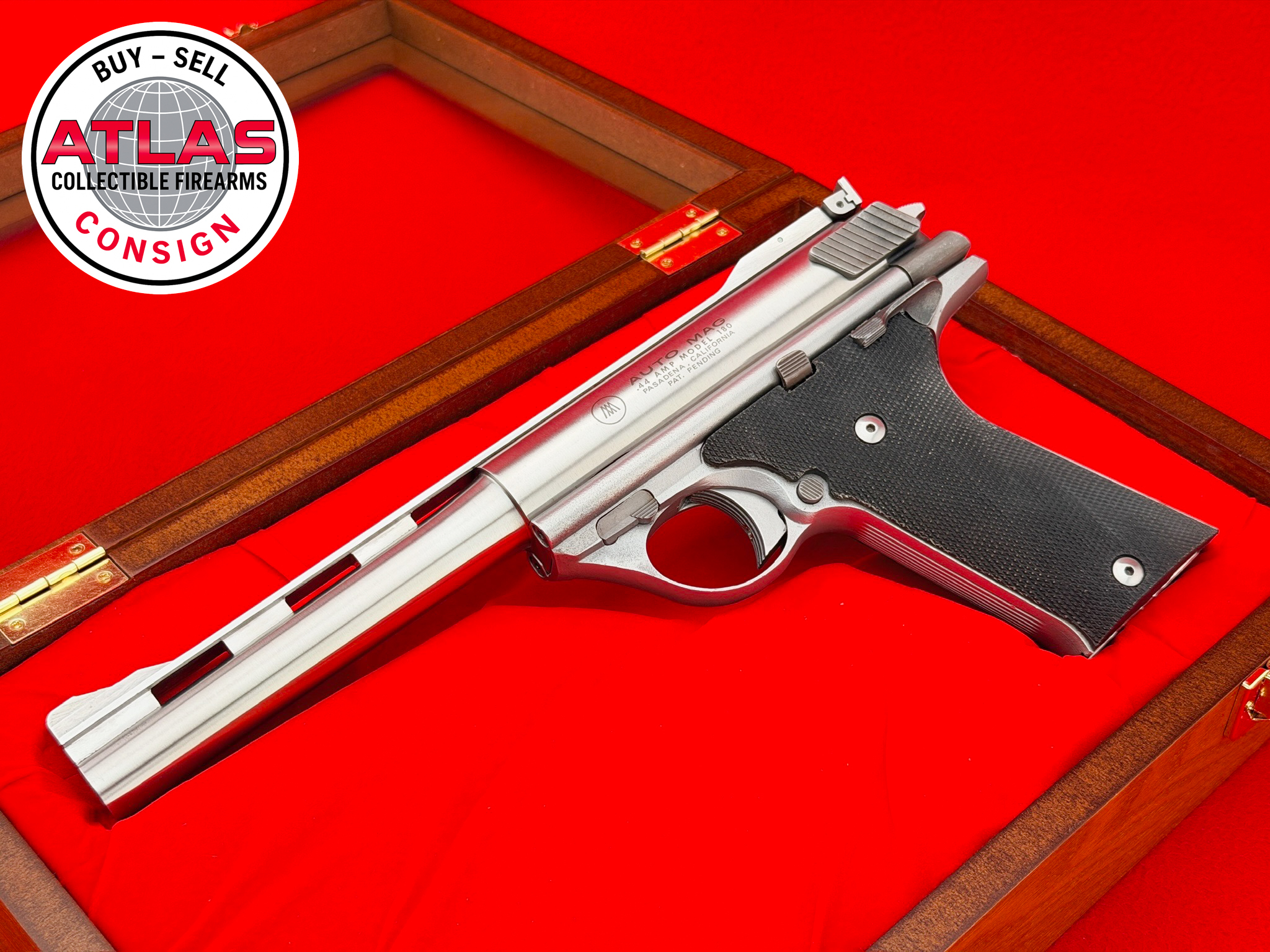 Auto Mag-EXTREMELY RARE 1971 Auto Mag Model 180 .44 AMP Pasadena Pistol w/ Case-Pasadena Pistol, 6.5-inch Stainless with Case