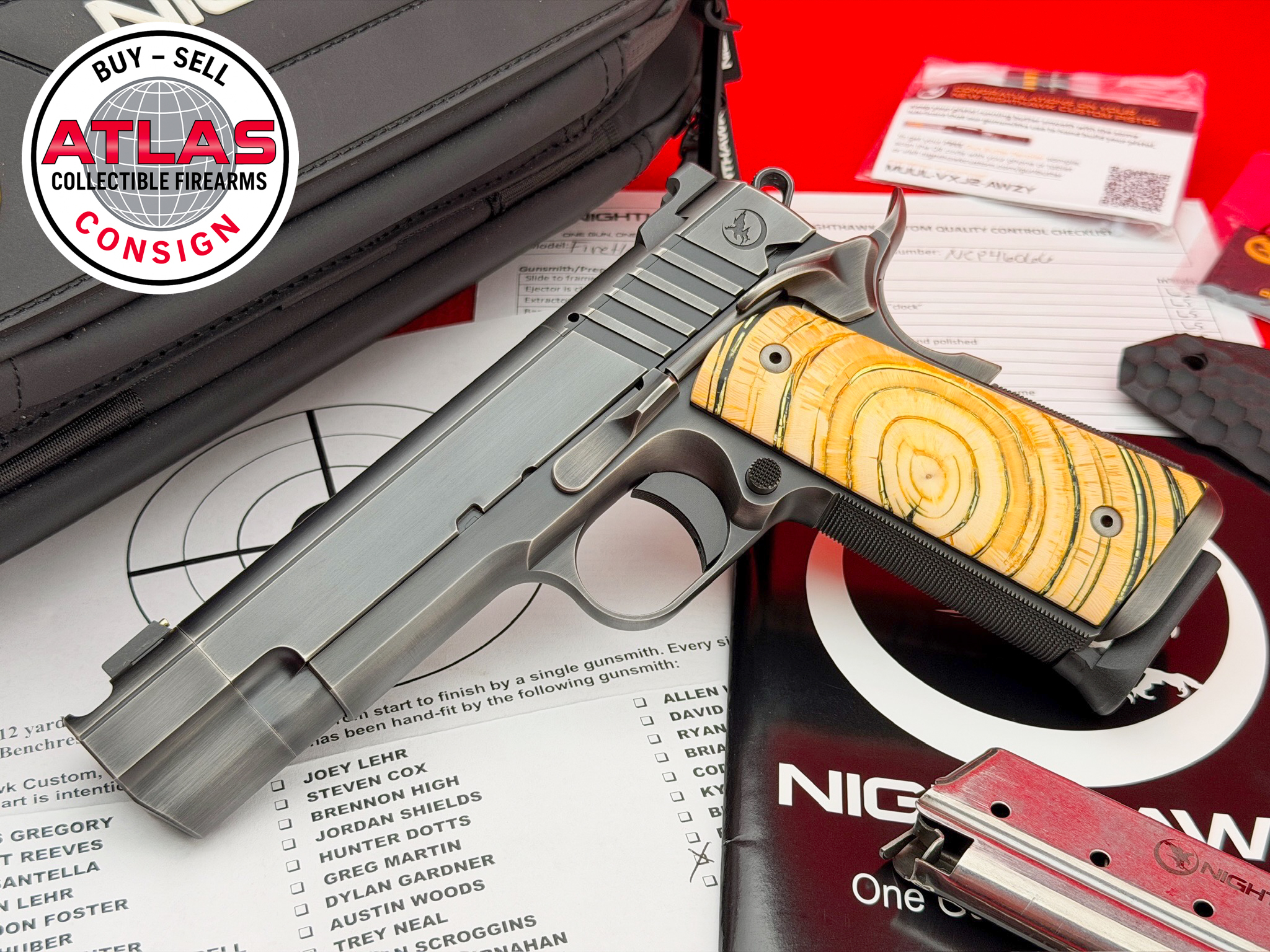 Nighthawk Custom-2024 Nighthawk Custom Firehawk 1911 9mm Smoked Nitride IOS w/ Mammoth Ivory
INTERCHANGEABLE OPTIC SYSTEM - 4.25" COMPENSATED-4.25" Compensated IOS, Smoked Nitride w/ Mammoth Ivory
