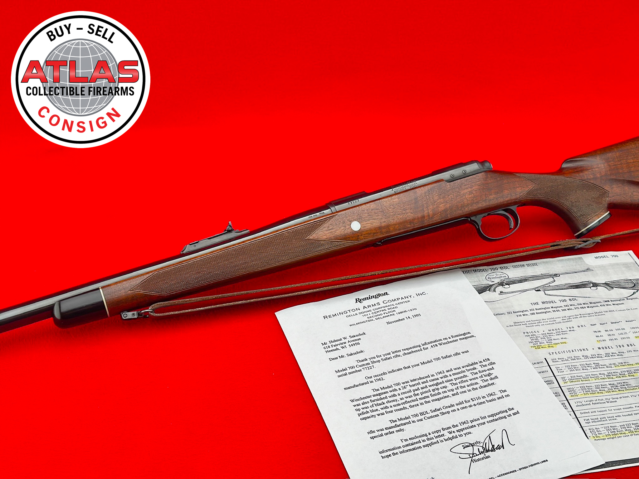 Remington-SPECIAL ORDER 1st Year 1962 Remington 700 Safari Grade 458 Win Mag LETTERED
CUSTOM SHOP "DANGEROUS GAME" RIFLE - COMPENSATED-Special Order First Year 1962 Safari Grade .458 Winchester Magnum, Custom Shop Dangerous Game Rifle, Compensated