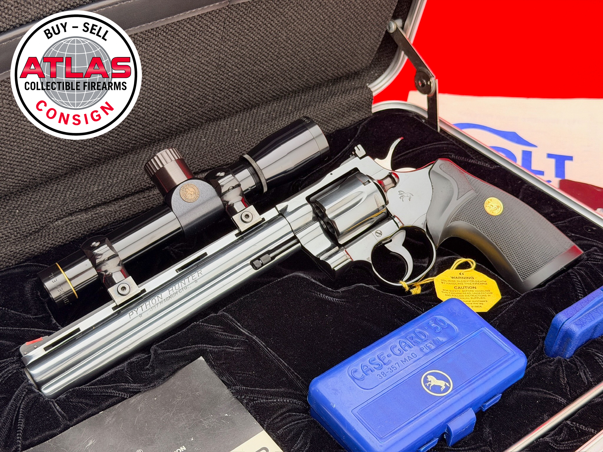 Colt-ULTRA RARE 1981 Colt Python Hunter .357 Magnum 8" Royal Blue UNFIRED 99%
COLT CUSTOM SHOP 1 OF 2500 MADE - COMPLETE & MINT-Python Hunter, 8" Royal Blue, Colt Custom Shop, 1 of 2500