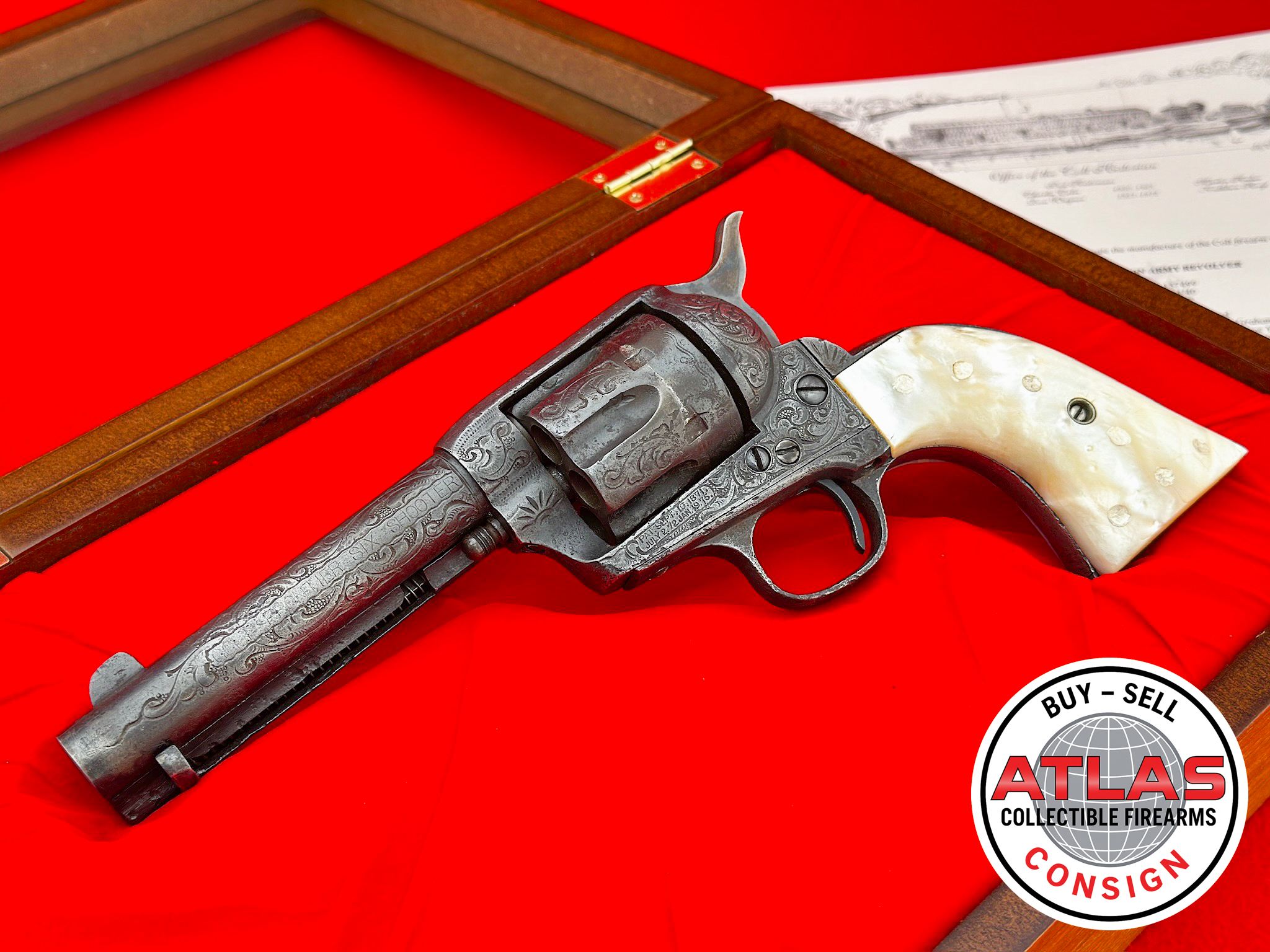 Colt-L.D. Nimschke Engraved 1891 Colt SAA Frontier Six Shooter .44-40 Winchester
Shipped to Harley & Graham in “SOFT” - Very Rare-L.D. Nimschke Engraved 1891 Frontier Six Shooter .44-40 Winchester, Shipped to Hartley & Graham in “Soft”
