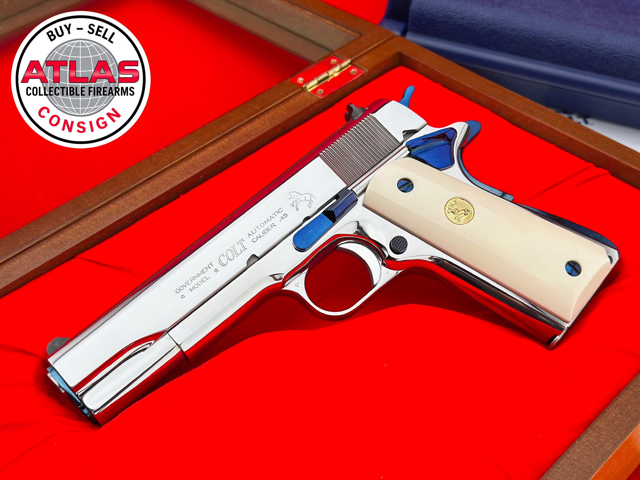 Colt-Colt 1911 Gov't .45 ACP ULTIMATE POLISH STAINLESS & FIRE BLUE w/ REAL IVORY
ORIGINAL BOX & CUSTOM DELUXE PRESENTATION CASE-Colt 1911 Gov't .45 ACP ULTIMATE POLISH STAINLESS & FIRE BLUE w/ REAL IVORY
ORIGINAL BOX & CUSTOM DELUXE PRESENTATION CASE