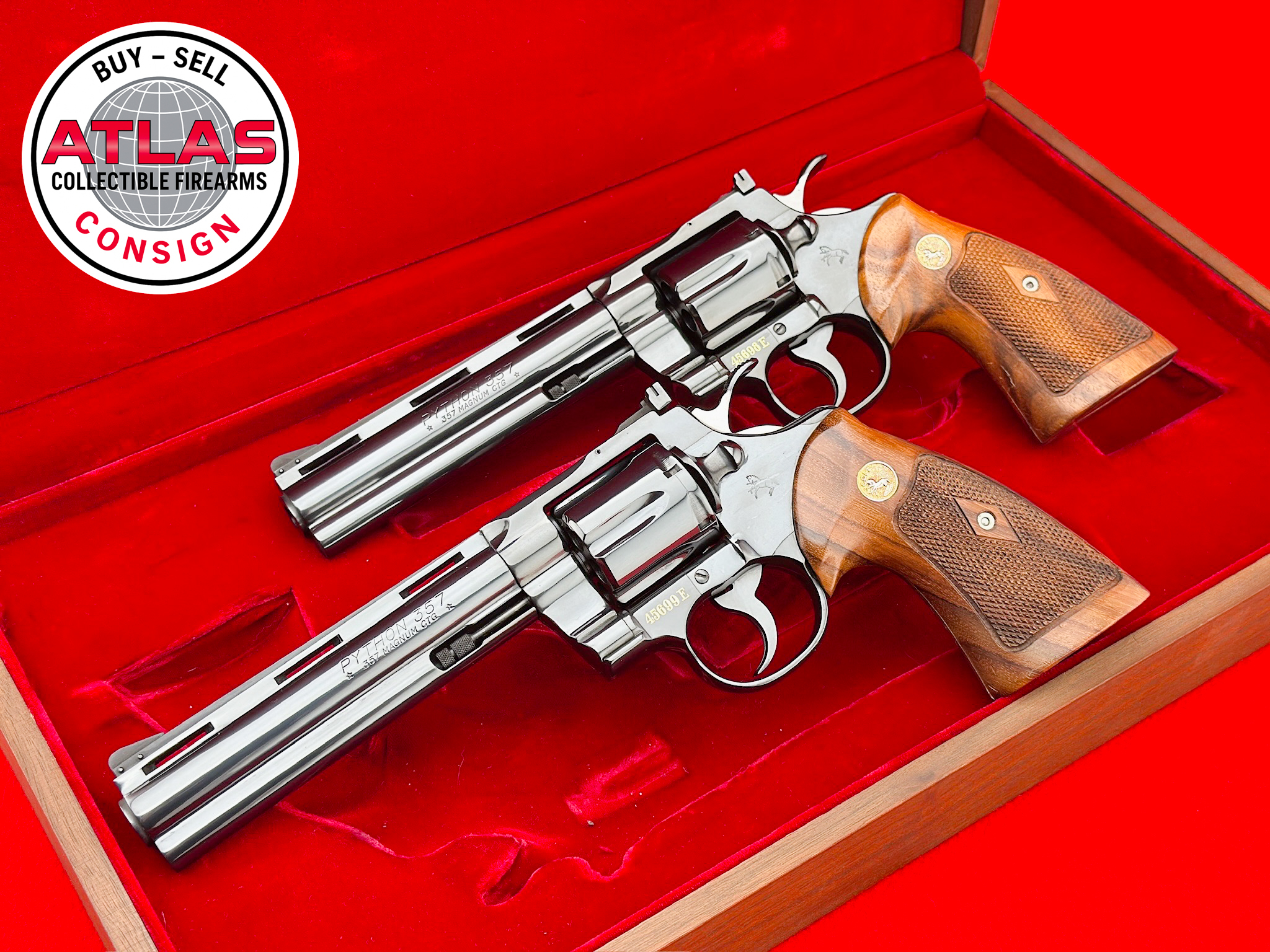 Colt-HOLY GRAIL 1977 CONSECUTIVE SN# PYTHON SET *FACTORY GOLD INLAID* 1 OF 1
CUSTOM SHOP - FACTORY ENGRAVED - ARCHIVE LETTER-1977 Consecutive Serial Number Set 6" Factory Gold Inlaid, Factory Engraved Custom Shop Pair