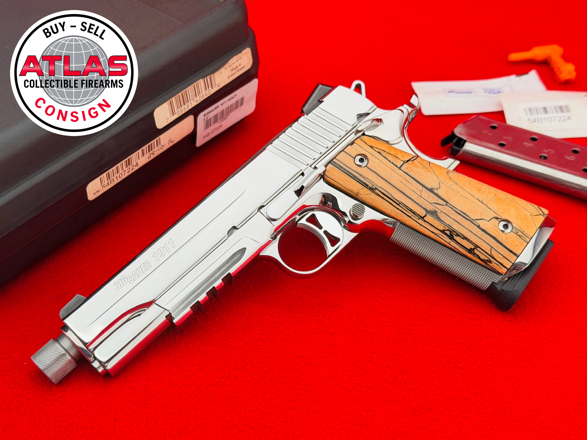 SIG SAUER-ULTIMATE MIRROR POLISHED Sig Sauer TACOPS Rail Gun .45 ACP w/ MAMMOTH IVORY
5.5” THREADED SUPPRESSOR READY CUSTOM 1911-Rail Gun, 5.5-inch Threaded Barrel, Mirror Polished with Mammoth Ivory