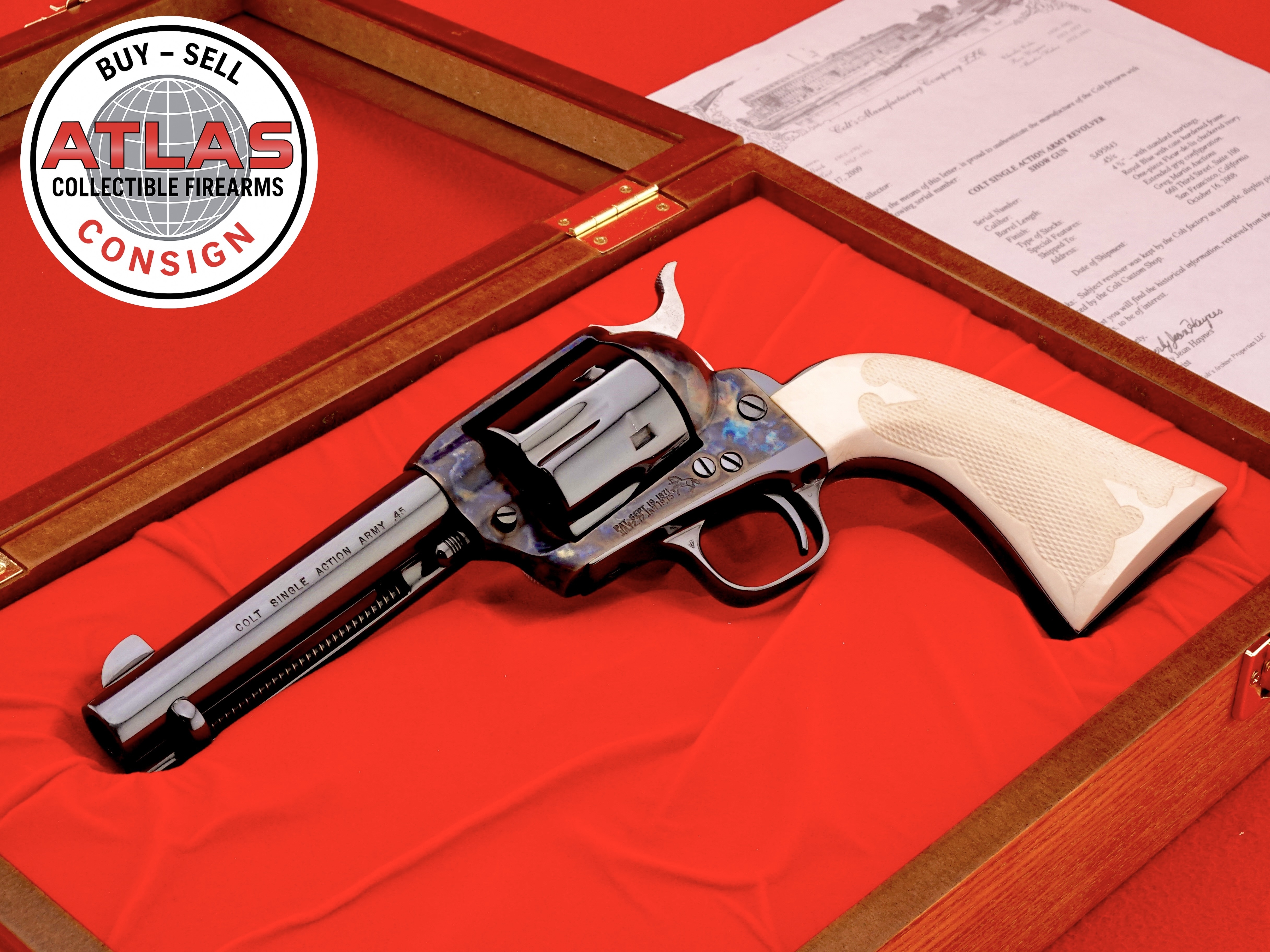 Colt-FACTORY SAMPLE "SHOW GUN" COLT SAA .45 LC 4-3/4" W/ EXTENDED FRAME & IVORY-4-3/4" Factory Sample "Show Gun", Extended Grip Frame, Royal Blue & Case Hardened