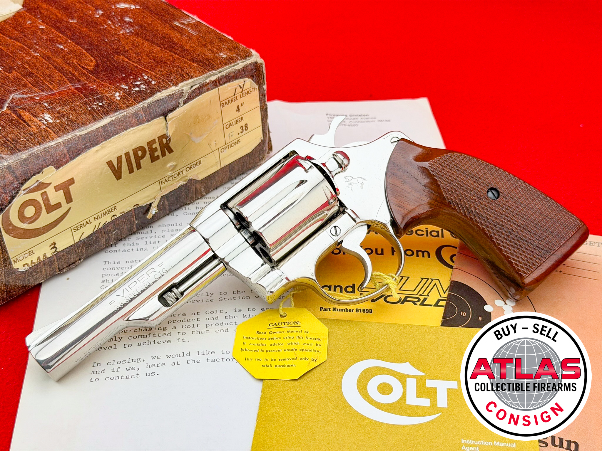 Colt-HOLY GRAIL 1978 COLT VIPER 4" FACTORY NICKEL .38 SPECIAL 100% COMPLETE
MUSEUM GRADE - ELUSIVE D-FRAME SNAKE REVOLVER-4" Factory Nickel D-Frame Snake Revolver, 100% Complete