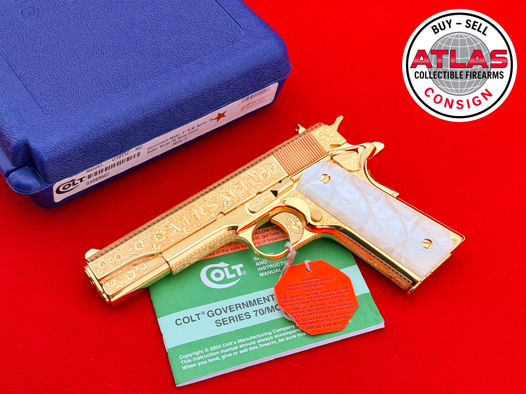 Colt-CUSTOM ENGRAVED Colt 1911 Government 24 kt Gold Versace .38 Super w/ Box-Custom 1911; 24kt gold Versace engraving; National Match barrel