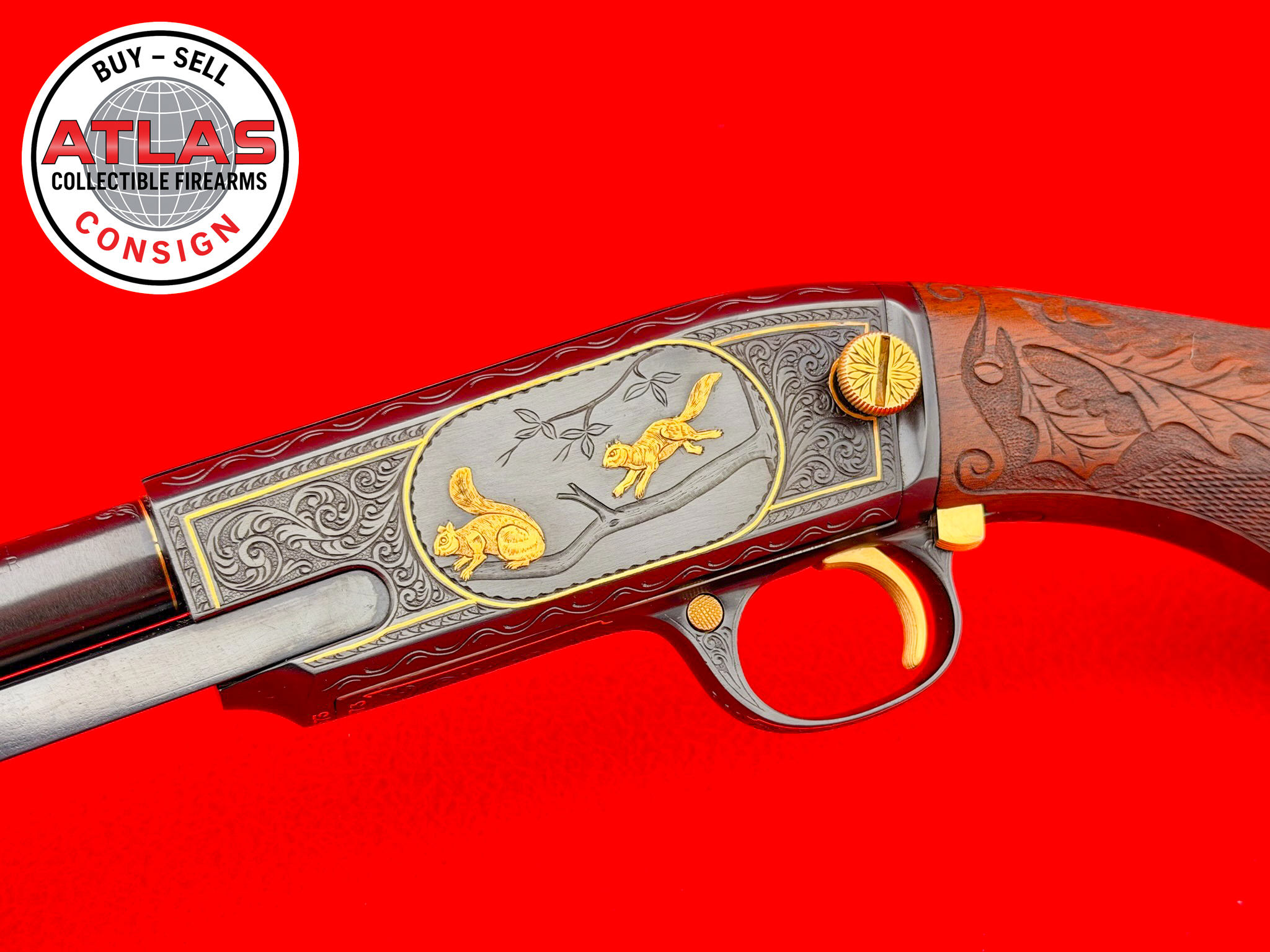 Winchester-HOLY GRAIL 1952 Winchester Model 61 .22 LR *NICK KUSMIT MASTER ENGRAVED*
EXHIBITION GRADE CARVED WALNUT 24K GOLD GAME SCENE-Master Engraved Exhibition Grade Carved Walnut 24K Gold Game Scene