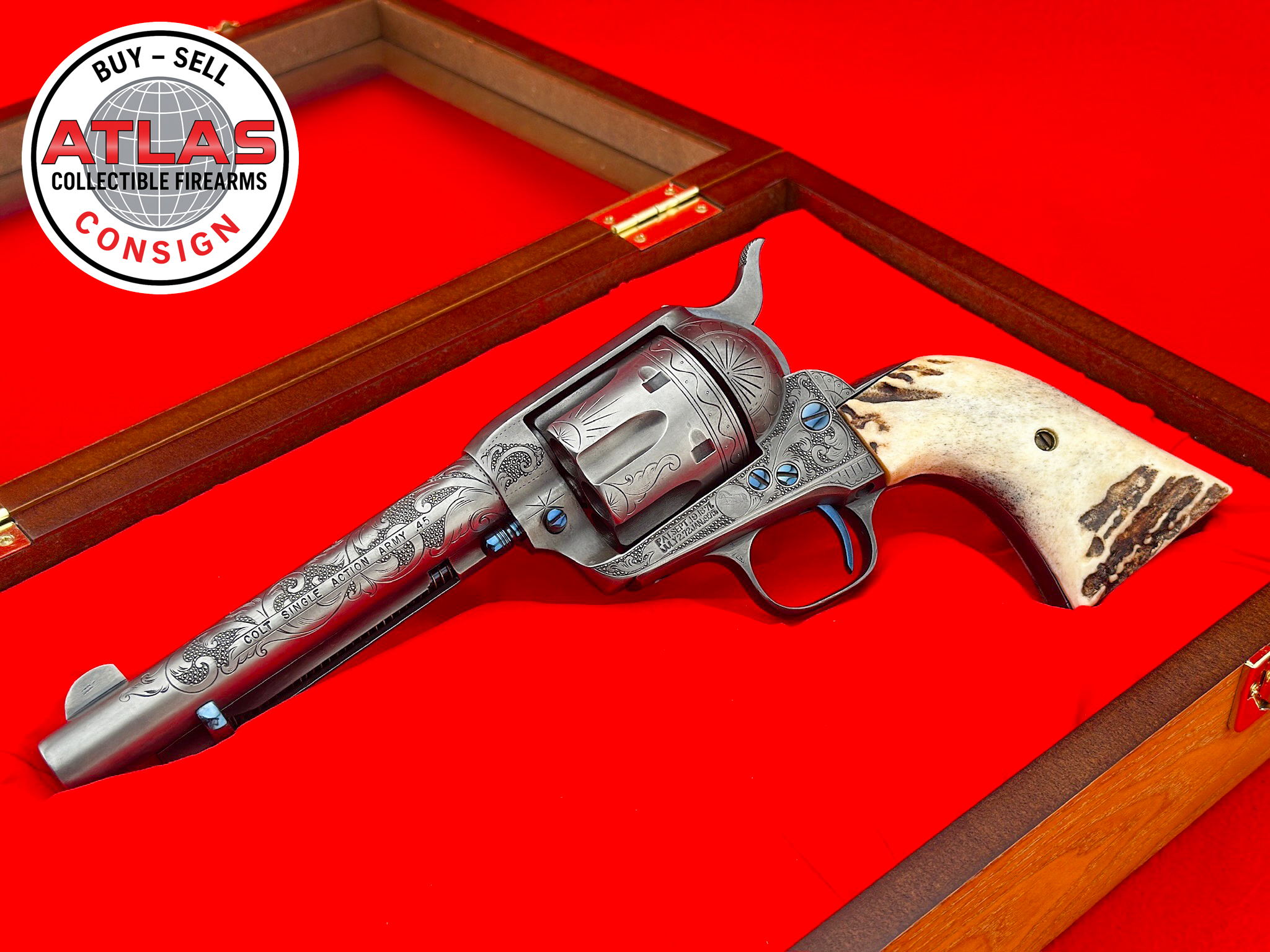 Colt-MASTER ENGRAVED 1921 Colt SAA 5.5" .45 LC French Grey & Fire Blue w/ Stags
RARE 1ST GENERATION - PERFECT BORE & MECHANICS-Master Engraved 1921 5.5" .45 Colt French Grey & Fire Blue w/ Stag Grips, Rare 1st Generation