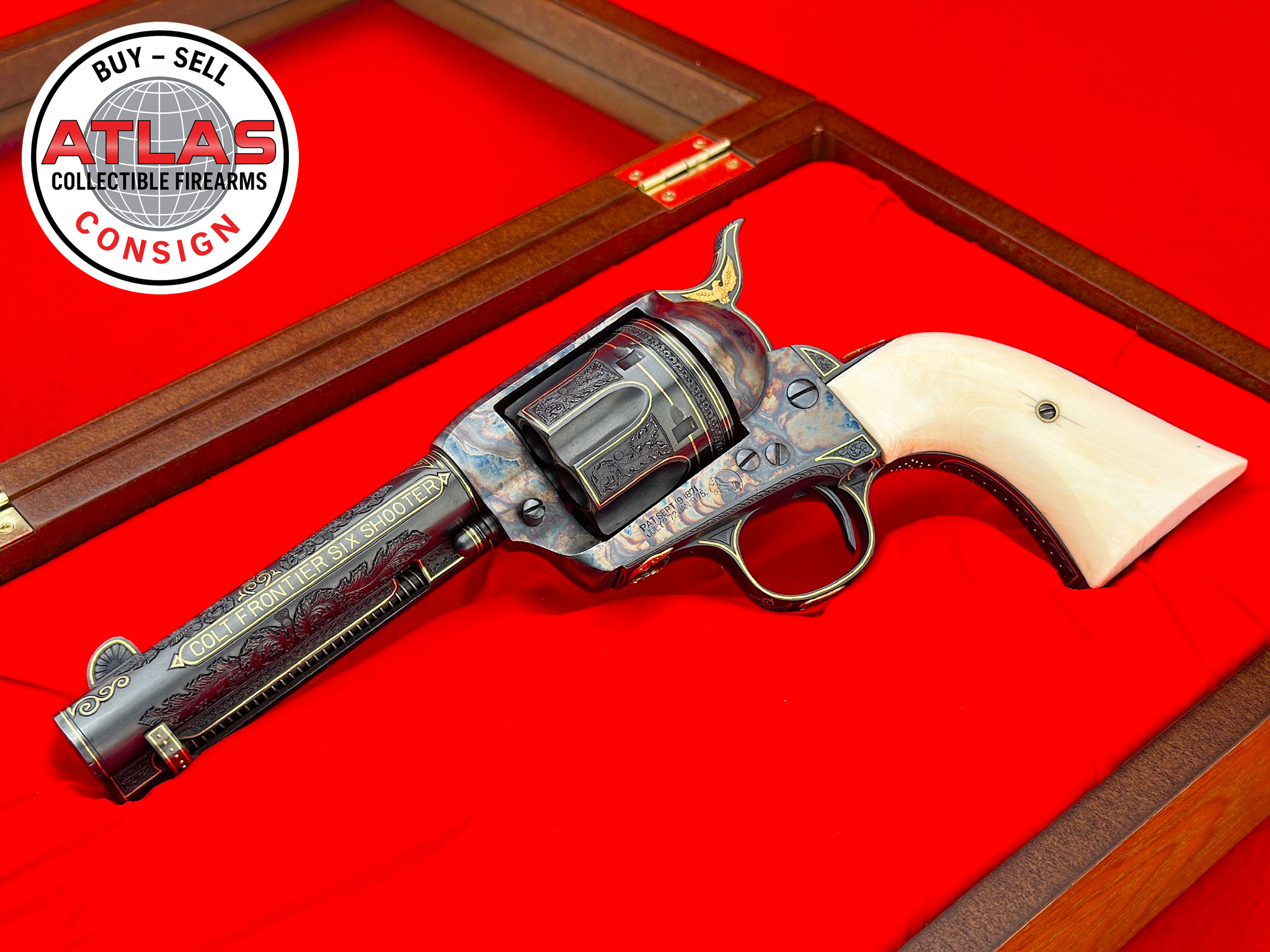Colt-MASTER ENGRAVED 1907 1ST GEN. COLT SAA "FRONTIER SIX SHOOTER" IVORY & GOLD
EXPERT 24K GOLD INLAY - .44-40 WINCHESTER - 4.75"-1907 1st Gen Frontier Six Shooter Master Engraved Ivory & Gold, 24K Gold Inlay, 4.75"