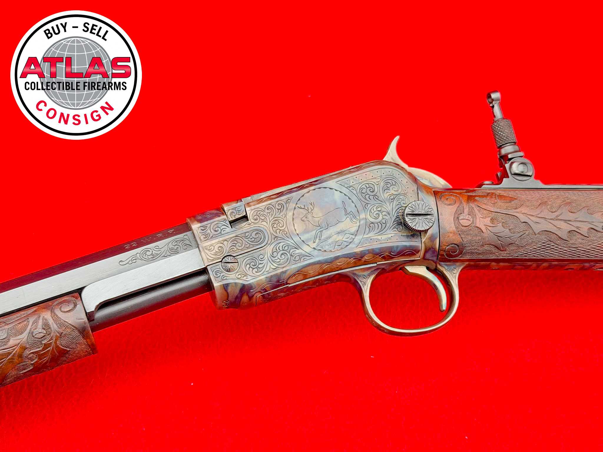 Winchester-GRAIL 1919 Mfg. Winchester Model 1890 .22 LR *NICK KUSMIT MASTER ENGRAVED*
EXHIBITION CARVED WALNUT - GAME SCENE ENGRAVING-1919 production; exhibition carved walnut; game scene engraving