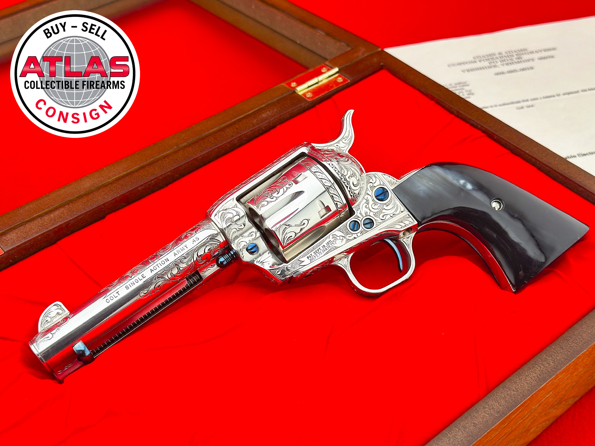 Colt-*JOHN ADAMS SR. MASTER ENGRAVED* Colt SAA 45 LC Sterling Silver & Fire Blue
DELUXE CASE - BUFFALO HORN - LETTERED & SIGNED-2008 Custom Shop 4.75" John Adams Sr. Master Engraved, Sterling Silver & Buffalo Horn