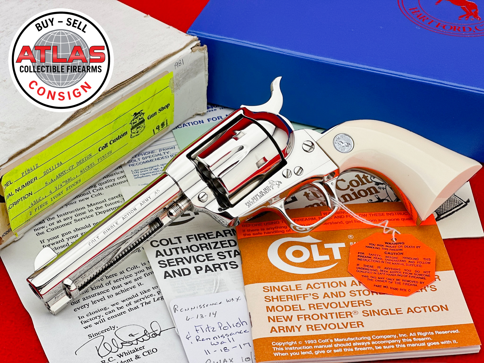 Colt-RARE 1994 Colt Custom SAA 4.75" Nickel .45 LC w/ Factory Ivory - 100%-Rare 1994 Colt Custom 4.75" Nickel w/ Factory Ivory, 100%