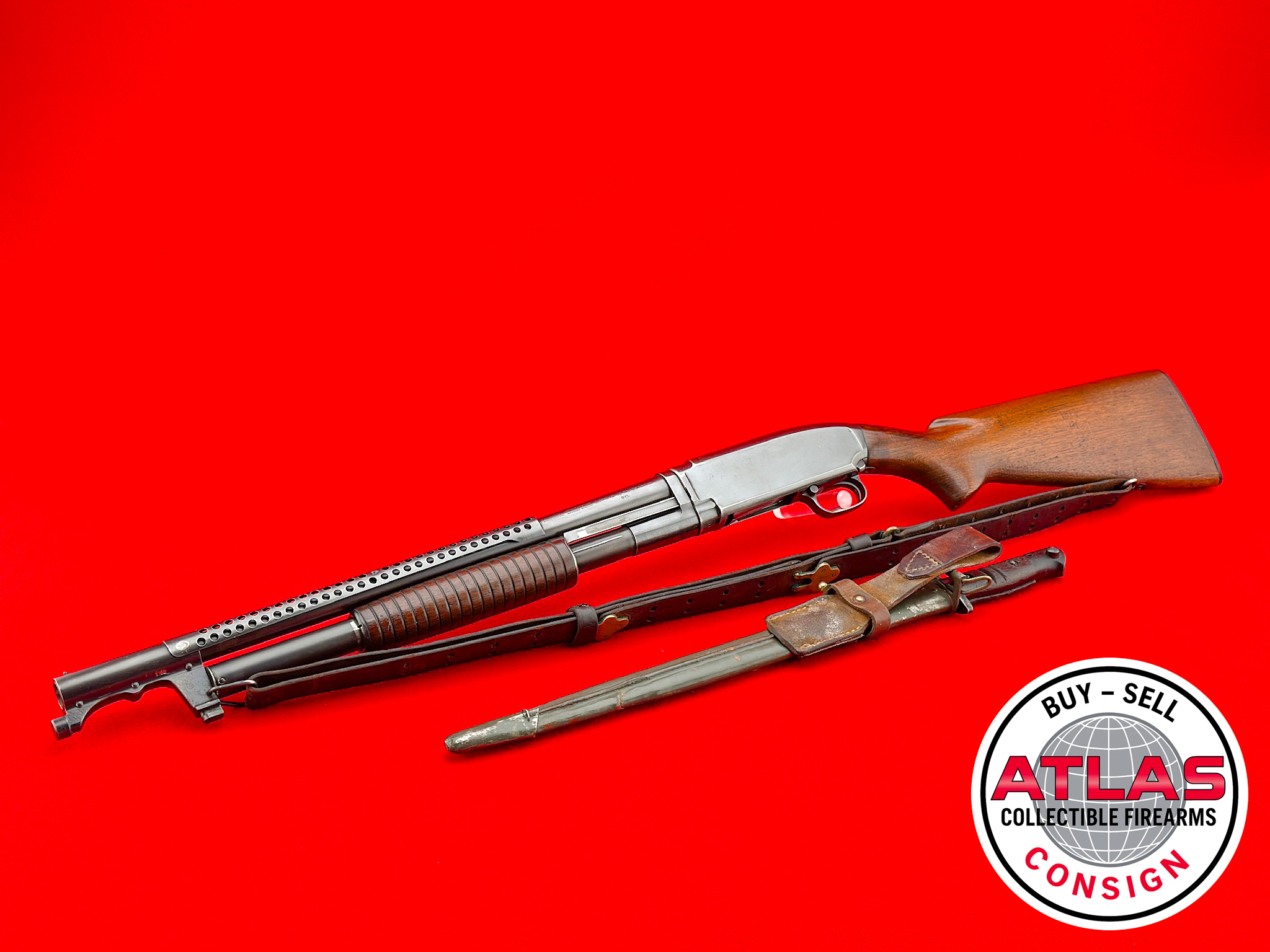 Winchester-U.S. MARKED - WW2 1942 WINCHESTER MODEL 12 TRENCH GUN 12 GA w/ BAYONET
DESIRABLE TRENCH CONFIGURATION - MILITARY ISSUED-Trench Gun, 20" U.S.-Marked Military Configuration w/ Bayonet