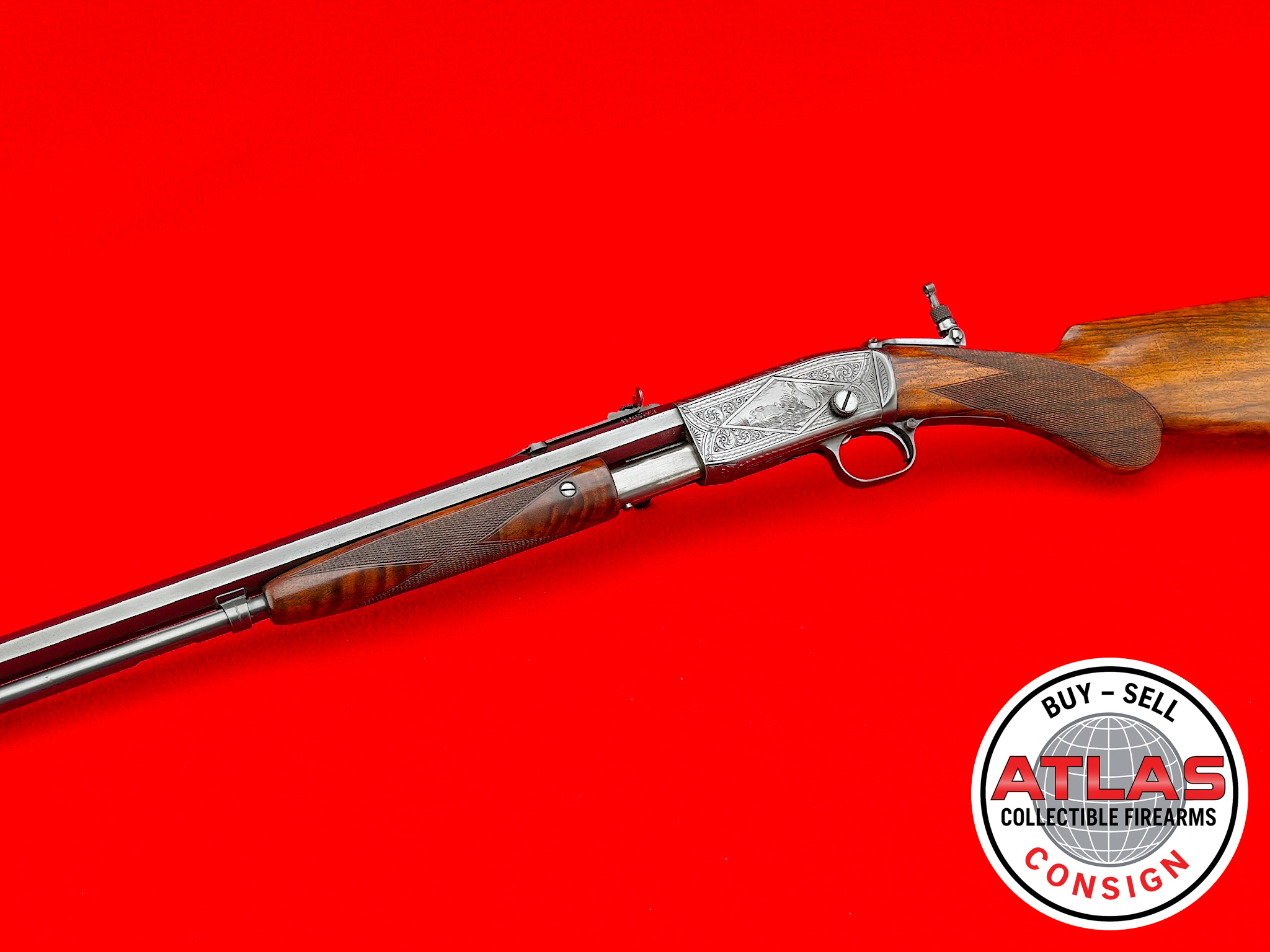 Remington-FACTORY ENGRAVED 1911 Remington .22 Caliber Pre-Model 12F Grade 6 Premier
RARE 24" OCTAGON BARREL - HAND ENGRAVED HIGH GRADE-Factory Engraved 1911 Pre-Model 12F Grade 6 Premier, 24-Inch Octagon Barrel, High Grade
