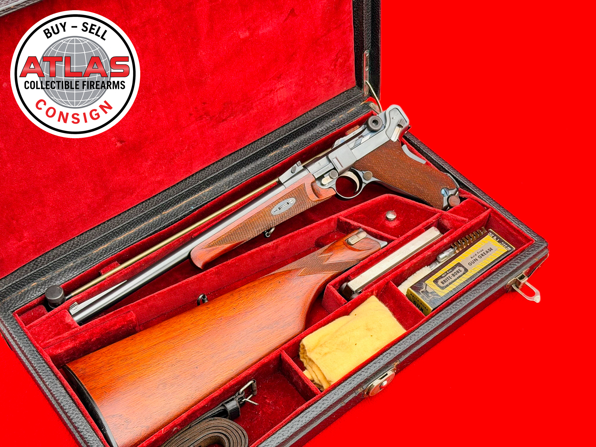 DWM-PRESENTATION 1920 DWM COMMERCIAL 9MM LUGER CARBINE w/ FACTORY CASE SN# 100
HISTORIC & ORIGINAL WWI & WWII ERA MAUSER P.08-Commercial Presentation Carbine Factory Case SN#100