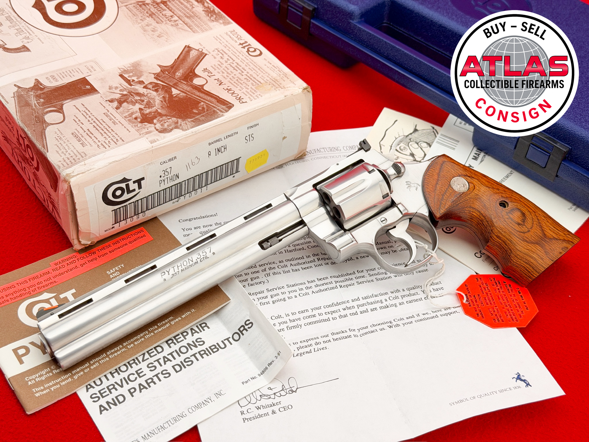 Colt-ULTRA RARE Colt Python 8" Stainless .357 Magnum Low SN#PY0011 NOS w/ Case-8" Stainless, Low Serial Number PY0011 with Python Elite Walnut Stocks