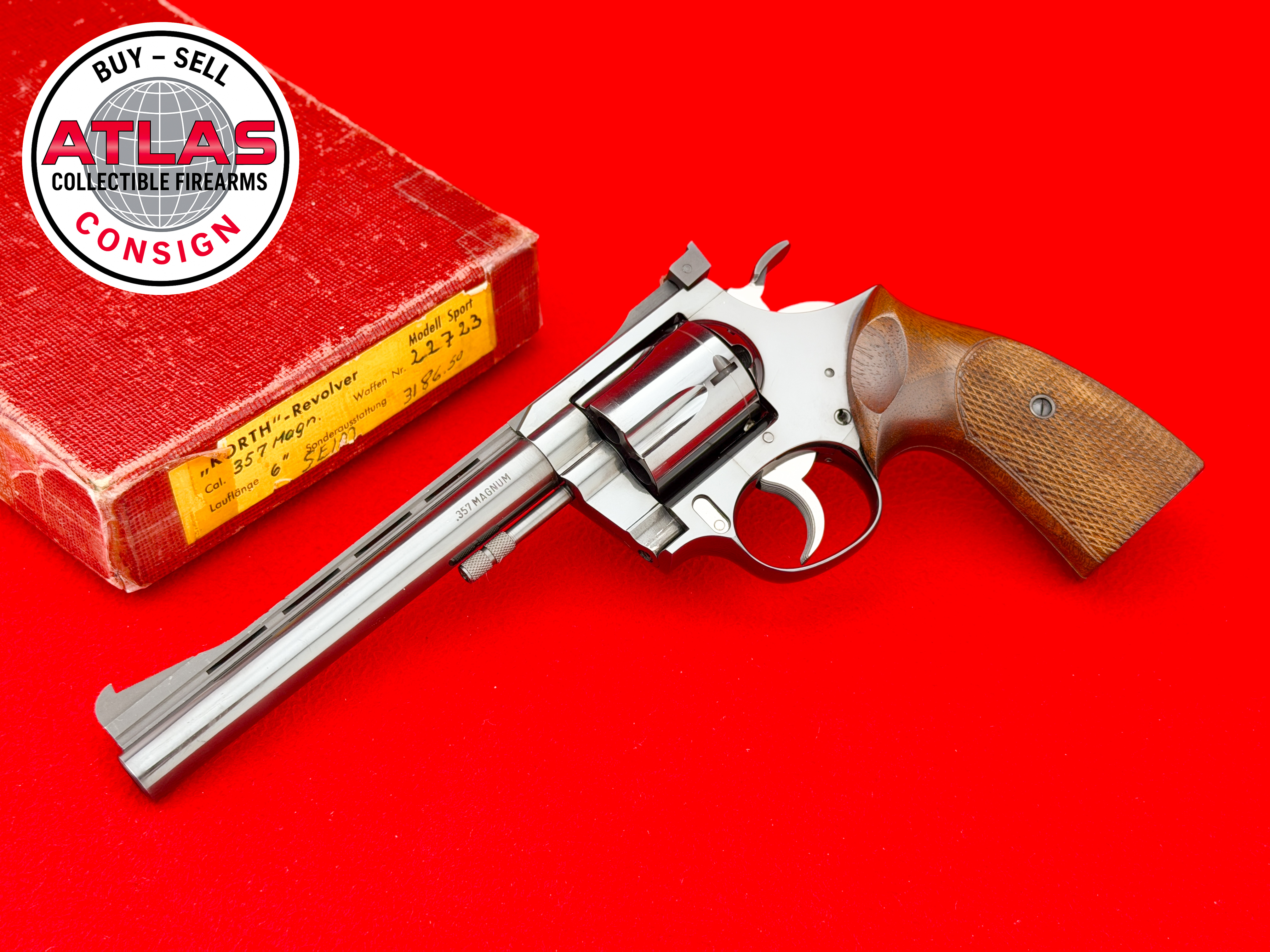 Korth-Rare 1967 Willi Korth .357 Magnum Modell Sport 6" High Polish Blue
3RD YEAR PRODUCTION - RARE ORIGINAL BOX-6" High Polish Blue, Third-Year Production
