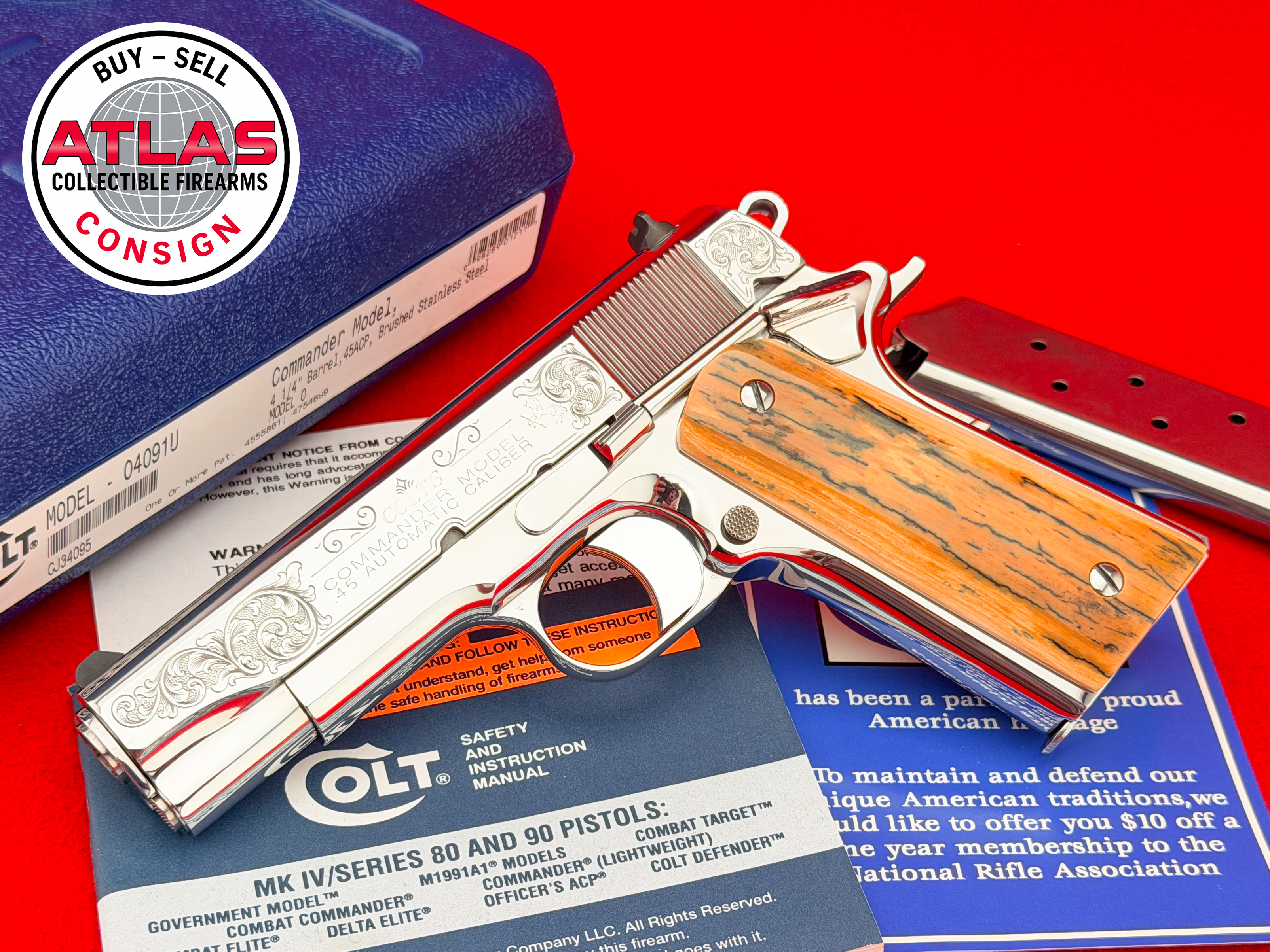 Colt-MASTER ENGRAVED COLT COMMANDER .45 ACP ULTIMATE STAINLESS & MAMMOTH IVORY-4.25" Master Engraved, Ultimate Mirror Polish Stainless w/ Mammoth Ivory