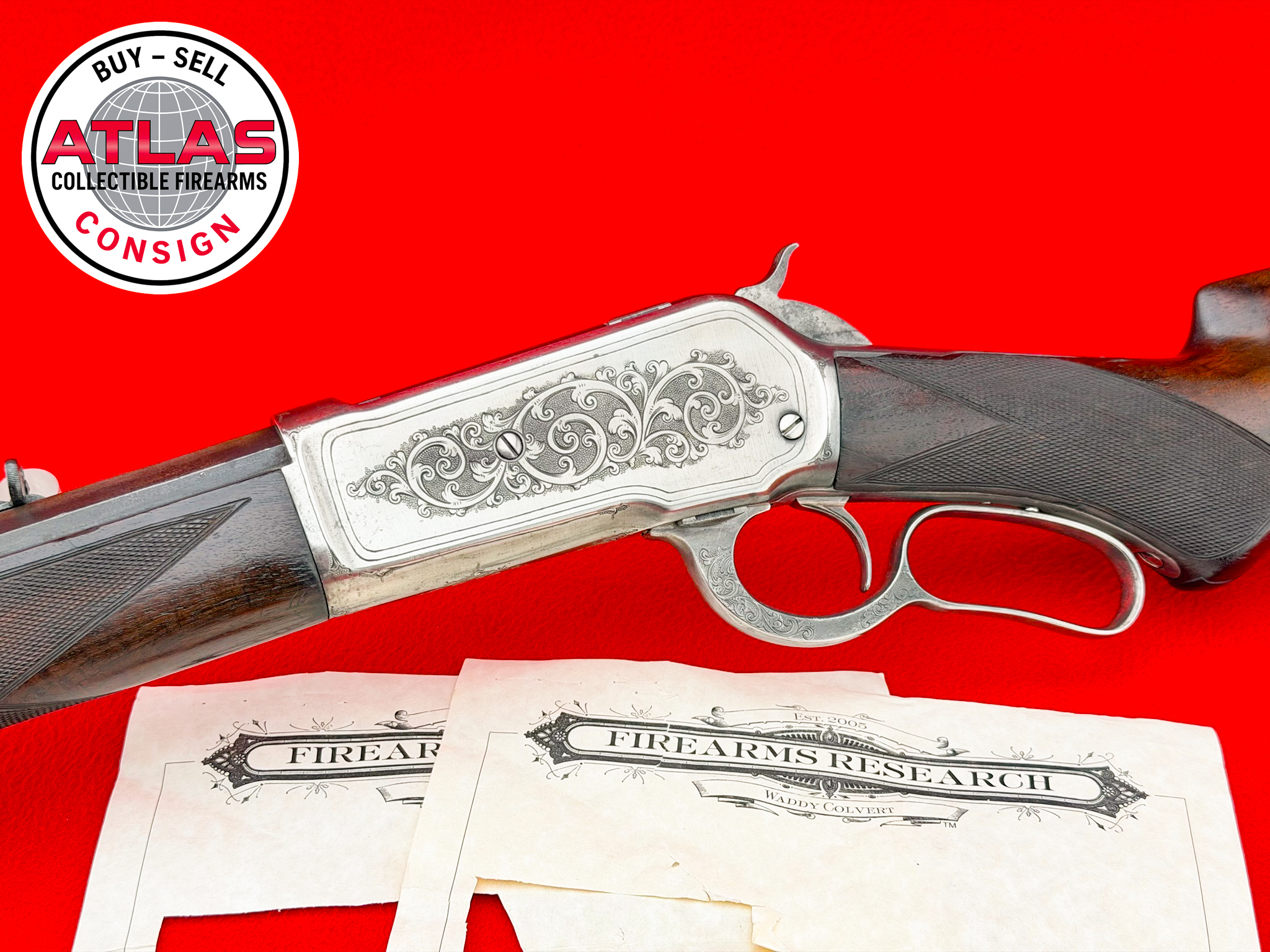 Winchester-1890 Winchester Model 1886 Deluxe 28" Octagon .40-82 WCF *MASTER ENGRAVED*
"XX" WALNUT - STERLING SILVER PLATED - CODY LETTER-Deluxe 28" octagon barrel; XX walnut; sterling silver plated