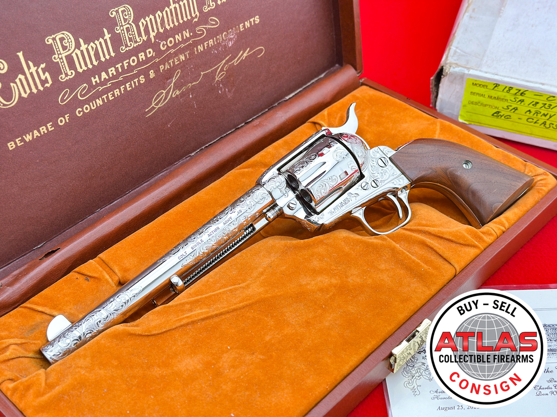 Colt-1979 COLT SAA 7.5" NICKEL .45 LC *FACTORY "C" ENGRAVED | LETTERED / NOS*
COLT CUSTOM SHOP LEATHERETTE - 1 OF 3 SHIPPED-1979 7.5" NICKEL .45 LC *FACTORY "C" ENGRAVED | LETTERED / NOS* CUSTOM SHOP LEATHERETTE - 1 OF 3 SHIPPED