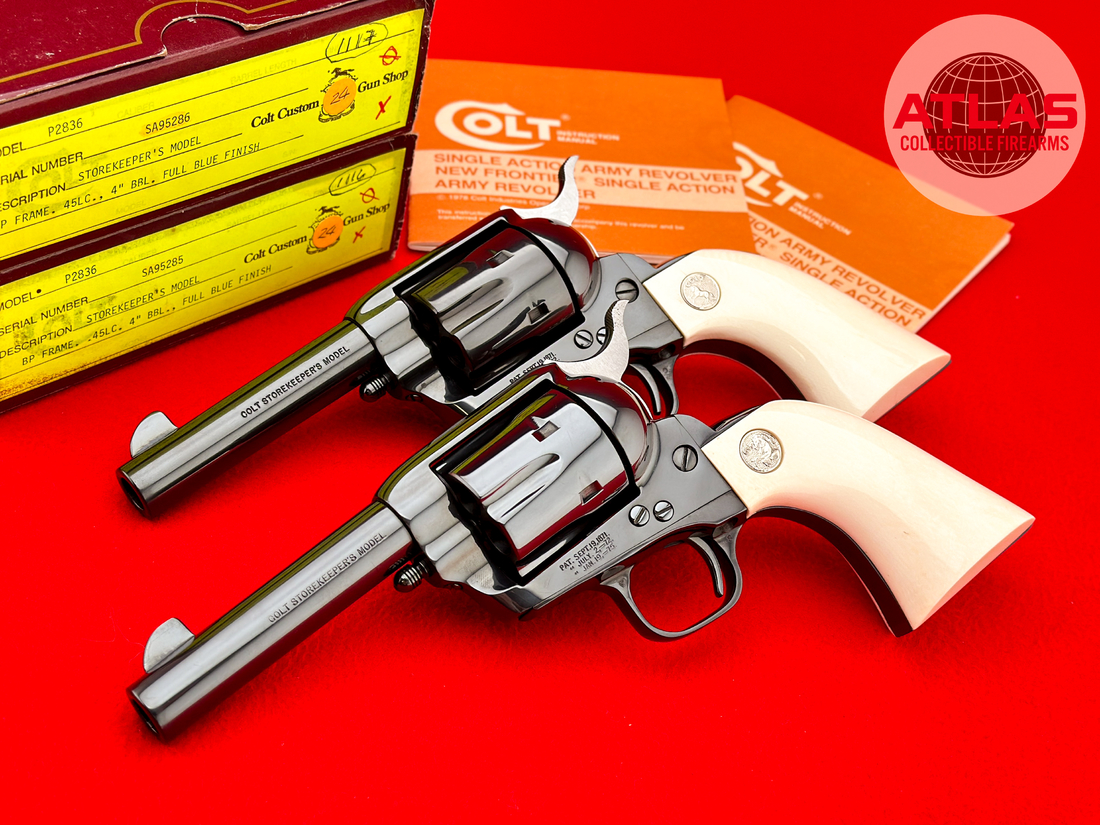 Colt-CONSECUTIVE SET - 1991 Colt SAA Storekeeper 4" Full Royal Blue 45LC - IVORY-CONSECUTIVE SET - 1991 Storekeeper 4" Full Royal Blue 45LC - IVORY