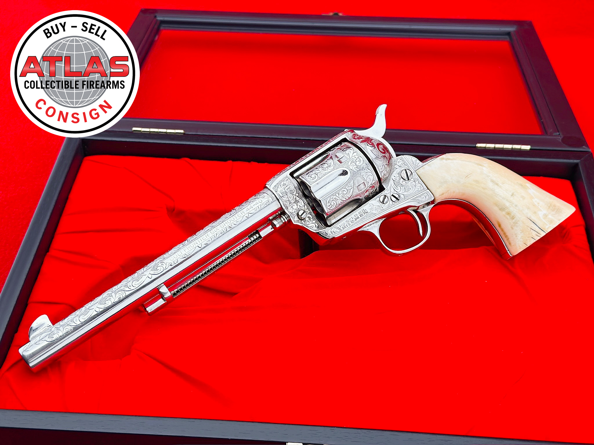 Colt-1ST GEN 1903 Colt SAA Frontier Six Shooter *WALTER SHANNON MASTER ENGRAVED*
44-40 WINCHESTER 7.5" NICKEL w/ CARVED EAGLE IVORY-1st Generation 7.5" Nickel Master Engraved Carved Eagle Ivory