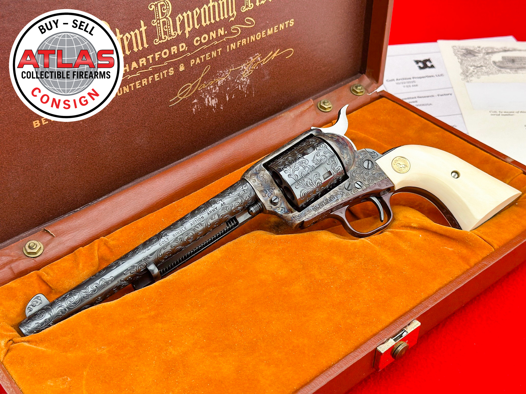 Colt-FACTORY ENGRAVED 1978 COLT SAA .45 BLUE & CCH *RARE UNFLUTED CYL. w/ IVORY*
CUSTOM SHOP CLASS "D" FULL COVERAGE HAND ENGRAVING-1978 Blue & Case Color Hardened Class D Full Coverage Engraved, Unfluted Cylinder, Ivory Grips
