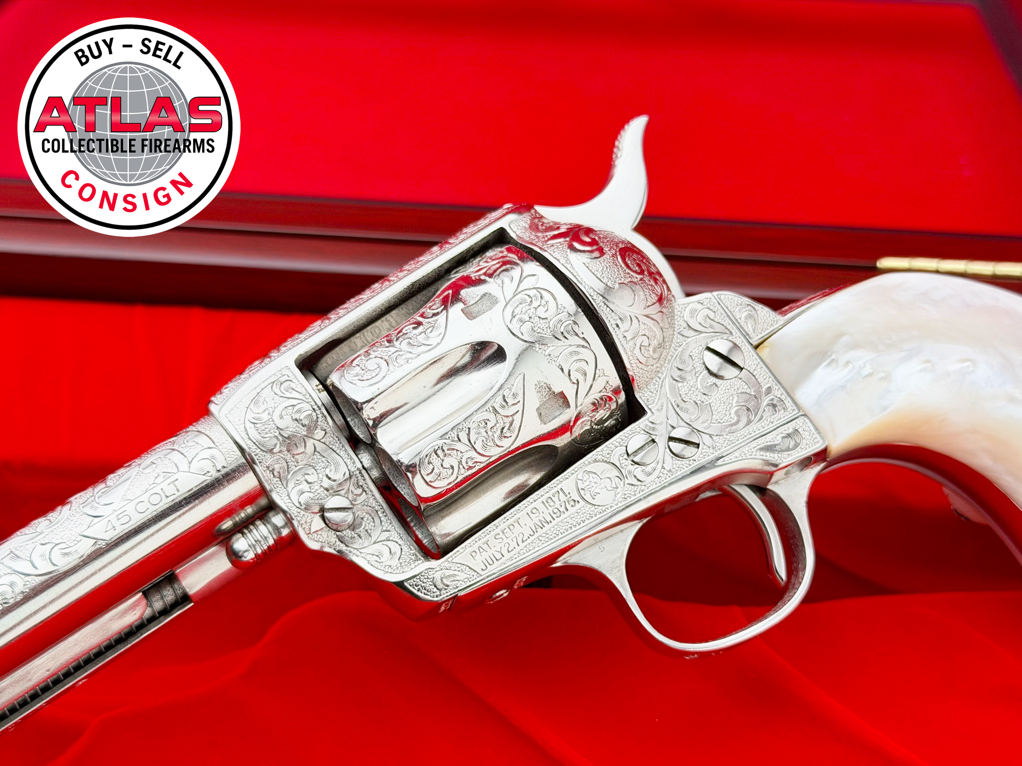 Colt-WALTER SHANNON ENGRAVED 1ST GEN 1904 COLT SAA .45 LC NICKEL STEERHEAD PEARL
GENUINE MOTHER OF PEARLS - CUSTOM MASTER ENGRAVING-1st Generation 7.5" nickel; Walter Shannon engraved; steerhead mother-of-pearl grips